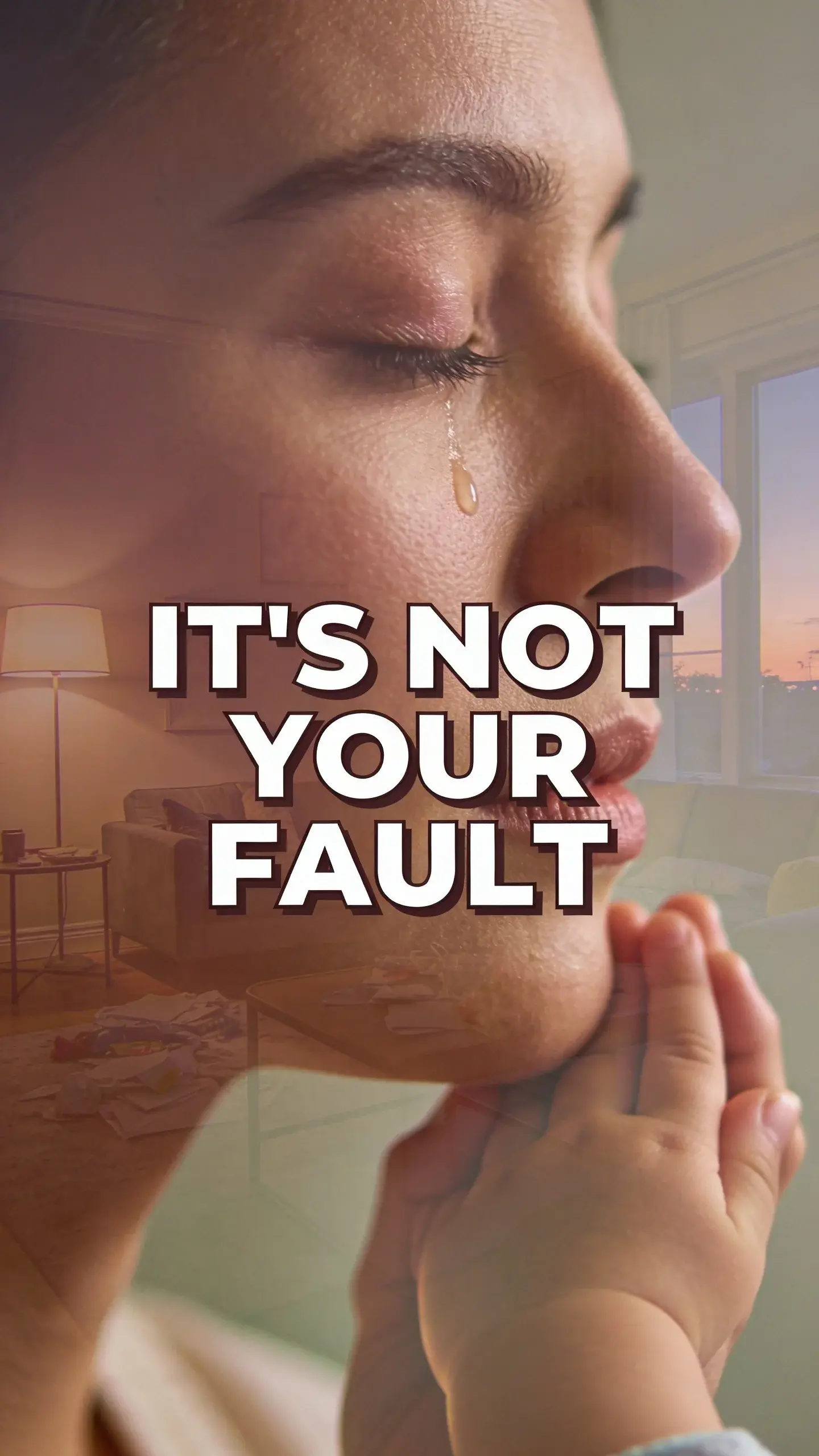 **DOUBLE EXPOSURE EMOTIONAL**: vertical 9:16, ultra-tall composition optimized for mobile Pinterest feed, **SCENE**: A close profile of a mother's face, eyes closed, a single tear tracing her cheek, overlaid with a soft, ethereal image of a child's hand gently holding hers, and a blurred background of a quiet, messy living room at dusk. Her expression is a mix of deep sadness and longing for connection, while the overlay represents the profound love she feels but struggles to express in her burnout state, highlighting the internal conflict and guilt of depletion. **EMOTION HOOK**: Guilt of not being enough. **TOPIC PHRASE**: Parenting burnout guilt. **TEXT POSITION**: CENTER, **OVERLAY**: text says exactly: "IT'S NOT YOUR FAULT", bold sans-serif font, high contrast white text with dark outline or shadow so it is readable on mobile, **LIGHT**: Moody, soft evening light from a nearby lamp, creating gentle highlights on her profile, with a subtle glow from the overlaid image, **MOOD**: Guilty, tender, heartbroken, longing, depleted, **COLOR**: muted warm palette (dusty rose, cream, terracotta, soft sage, warm beige), gentle film grain, no logos, no watermarks, photorealistic, 8K, shallow depth of field, film aesthetic, cinematic color grade, no logos, no watermarks