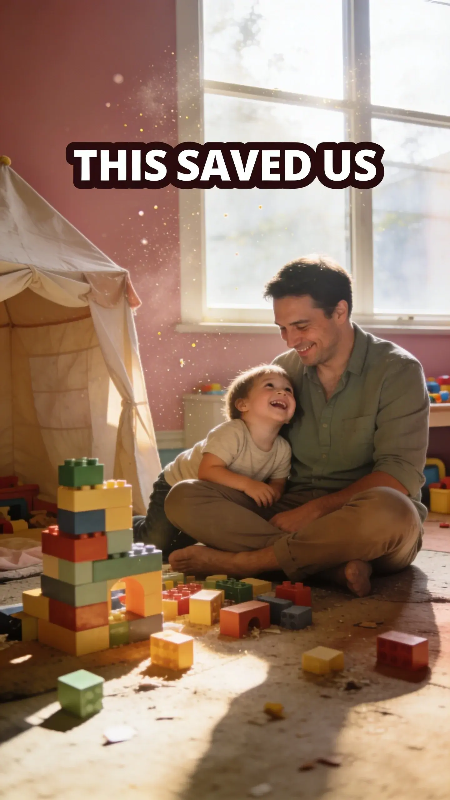 **LIFESTYLE AUTHENTIC**: vertical 9:16, ultra-tall composition optimized for mobile Pinterest feed, **SCENE**: A candid, documentary-style moment in a sun-drenched, slightly messy playroom. A dad is sitting cross-legged on the floor, surrounded by colorful building blocks and a half-built fort. His toddler is leaning against him, looking up with a wide, joyful smile, while the dad looks down at the child, a genuine, soft smile on his face, eyes full of love and a hint of quiet contentment despite the surrounding clutter. Sunlight streams in from a window, highlighting dust motes in the air, capturing a small moment of connection and joy amidst the chaos. **EMOTION HOOK**: Finding joy in the chaos. **TOPIC PHRASE**: Reset parenting energy. **TEXT POSITION**: TOP, **OVERLAY**: text says exactly: "THIS SAVED US", bold sans-serif font, high contrast white text with dark outline or shadow so it is readable on mobile, **LIGHT**: Golden hour sunlight streaming through a large window, creating warm, inviting highlights and a soft, natural glow, **MOOD**: Tender, hopeful, connected, resilient, appreciative, **COLOR**: muted warm palette (dusty rose, cream, terracotta, soft sage, warm beige), gentle film grain, no logos, no watermarks, photorealistic, 8K, shallow depth of field, film aesthetic, cinematic color grade, no logos, no watermarks