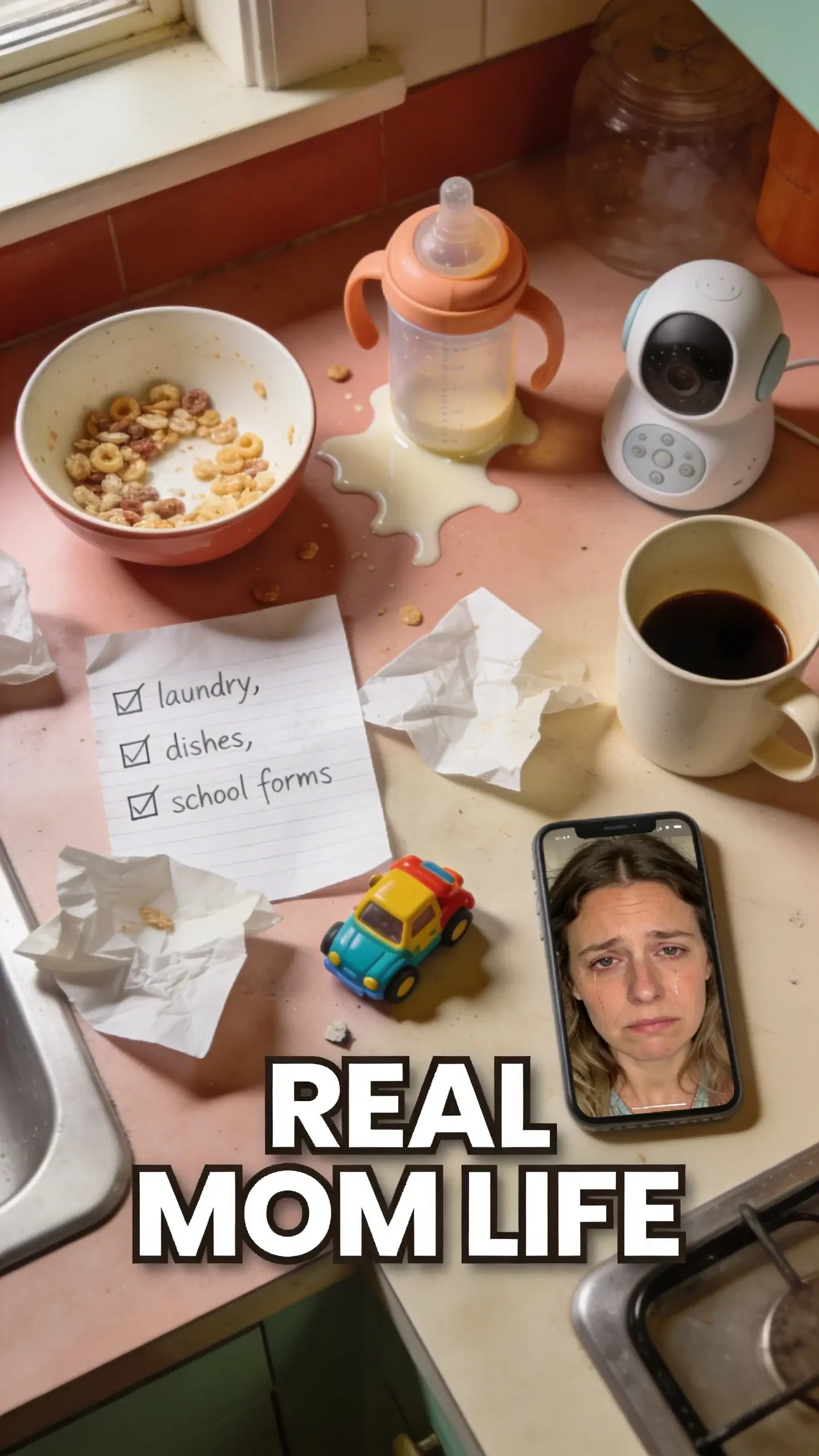 **FLAT LAY OVERHEAD**: vertical 9:16, ultra-tall composition optimized for mobile Pinterest feed, **SCENE**: A top-down view of a cluttered kitchen counter after breakfast, capturing the silent exhaustion of a parent facing another demanding day. A half-eaten bowl of cereal, a spilled sippy cup, a crumpled to-do list with "laundry," "dishes," "school forms" unchecked, a half-empty coffee mug, a baby monitor, and a phone screen showing a candid, weary-eyed photo of a mom looking utterly drained. A small, colorful toy car lies amidst the chaos. The scene conveys the overwhelming "invisible load" of daily tasks. **EMOTION HOOK**: The invisible load of motherhood. **TOPIC PHRASE**: Overwhelmed mom reset. **TEXT POSITION**: BOTTOM, **OVERLAY**: text says exactly: "REAL MOM LIFE", bold sans-serif font, high contrast white text with dark outline or shadow so it is readable on mobile, **LIGHT**: Soft morning window light, slightly diffused, casting subtle shadows, **MOOD**: Exhausted, overwhelmed, relentless, unseen, burdened, **COLOR**: muted warm palette (dusty rose, cream, terracotta, soft sage, warm beige), gentle film grain, no logos, no watermarks, photorealistic, 8K, shallow depth of field, film aesthetic, cinematic color grade, no logos, no watermarks