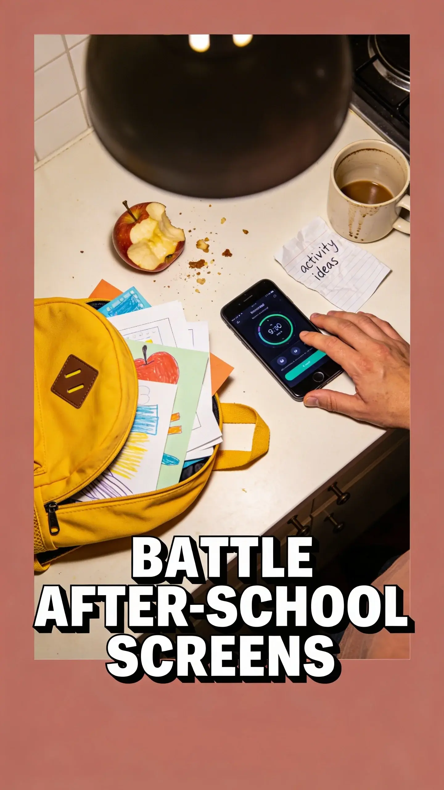 **FLAT LAY OVERHEAD**: Flat lay overhead, vertical 9:16, ultra-tall composition optimized for mobile Pinterest feed, **SCENE**: A chaotic kitchen counter after school, viewed from directly above. A half-eaten snack (apple core, crumbs), a preschooler's bright yellow backpack splayed open with colorful drawings and papers spilling out, a parent's smartphone lying face up with a screen-time app clearly visible, a crumpled, handwritten list of "activity ideas" next to it, and a half-empty, slightly stained coffee mug. A parent's hand (only visible) is resting on the counter near the phone, looking tired and defeated, conveying the daily struggle of finding things to do. The mess is authentic and relatable, not staged. , **EMOTION HOOK**: Overwhelmed by after-school chaos, **TOPIC PHRASE**: Easy after-school ideas, **TEXT POSITION**: BOTTOM, **OVERLAY**: text says exactly: "BATTLE AFTER-SCHOOL SCREENS", bold sans-serif font, high contrast white text with dark outline or shadow so it is readable on mobile, **LIGHT**: Harsh kitchen overhead light at 4:30 pm, **MOOD**: Exhausted, overwhelmed, frustrated, seeking relief, guilty, **COLOR**: muted warm palette (dusty rose, cream, terracotta, soft sage, warm beige), gentle film grain, no logos, no watermarks, photorealistic, 8K, shallow depth of field, film aesthetic, cinematic color grade, no logos, no watermarks