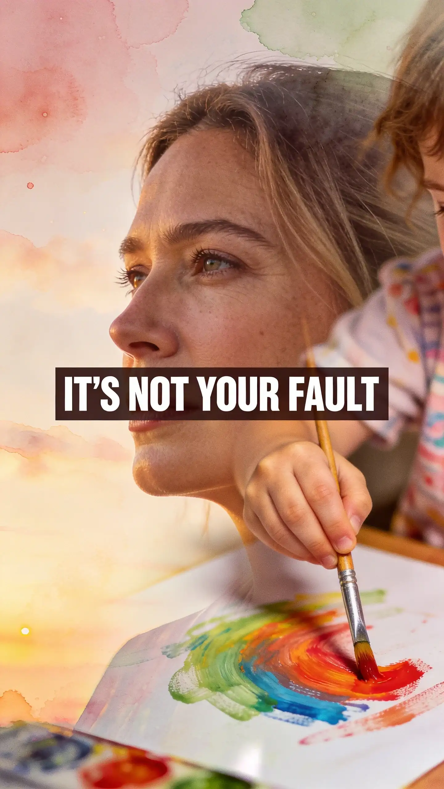 **DOUBLE EXPOSURE EMOTIONAL**: Double exposure emotional, vertical 9:16, ultra-tall composition optimized for mobile Pinterest feed, **SCENE**: The close profile of a young mom (mid-30s) with soft, slightly blurred features, looking wistfully into the distance. Her expression is a mix of longing and subtle guilt. Overlaid softly onto her profile is a vibrant, blurred image of a preschooler's small hand holding a paintbrush, actively making a colorful stroke on paper. The child's hand is full of life and creativity, visually representing the desired screen-free engagement. The two images blend seamlessly, creating a dreamlike reflection of what the parent yearns for versus the current reality. , **EMOTION HOOK**: Mom guilt over screen time, **TOPIC PHRASE**: Reduce screen time guilt, **TEXT POSITION**: CENTER, **OVERLAY**: text says exactly: "IT'S NOT YOUR FAULT", bold sans-serif font, high contrast white text with dark outline or shadow so it is readable on mobile, **LIGHT**: Soft evening light blending with the watercolor-like overlay, **MOOD**: Wistful, guilty, hopeful, reflective, tender, **COLOR**: muted warm palette (dusty rose, cream, terracotta, soft sage, warm beige), gentle film grain, no logos, no watermarks, photorealistic, 8K, shallow depth of field, film aesthetic, cinematic color grade, no logos, no watermarks