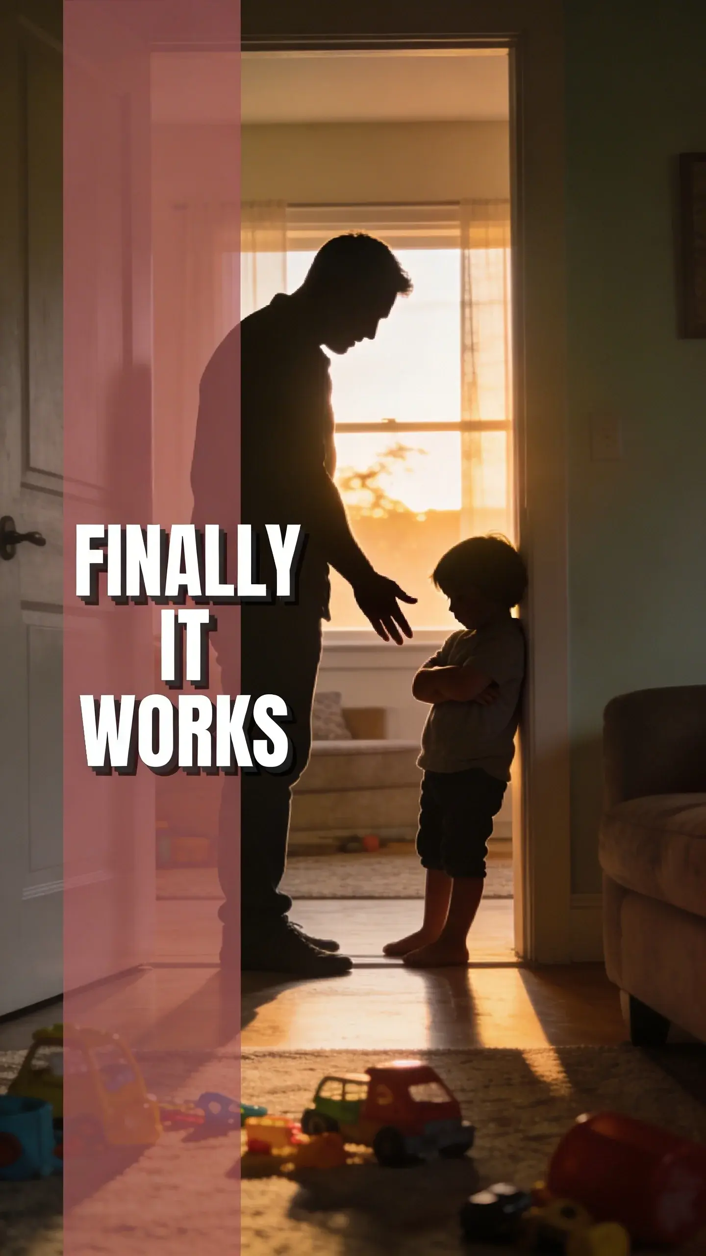 **SILHOUETTE BACKLIGHT**: Silhouette backlight, vertical 9:16, ultra-tall composition optimized for mobile Pinterest feed, **SCENE**: A dad and his preschooler (around 4 years old) in dramatic silhouette, standing in a sun-drenched living room doorway at dusk. The strong golden hour sunlight streams in from the window behind them, creating sharp, clear outlines. The child is slumped against the doorframe, arms crossed, their body language clearly showing resistance and defiance, likely after being asked to turn off a screen. The dad is slightly bent towards them, one hand gently extended, appearing to be negotiating or trying to comfort, their posture conveying a sense of weary patience in the midst of a screen time "battle." Toys are scattered on the floor in the foreground, indicating a typical after-school scene. , **EMOTION HOOK**: After-school screen battles, **TOPIC PHRASE**: Stop screen time fights, **TEXT POSITION**: LEFT SIDE, **OVERLAY**: text says exactly: "FINALLY IT WORKS", bold sans-serif font, high contrast white text with dark outline or shadow so it is readable on mobile, **LIGHT**: Strong golden hour sunlight through window, creating a dramatic silhouette, **MOOD**: Frustrated, weary, determined, loving, seeking peace, **COLOR**: muted warm palette (dusty rose, cream, terracotta, soft sage, warm beige), gentle film grain, no logos, no watermarks, photorealistic, 8K, shallow depth of field, film aesthetic, cinematic color grade, no logos, no watermarks