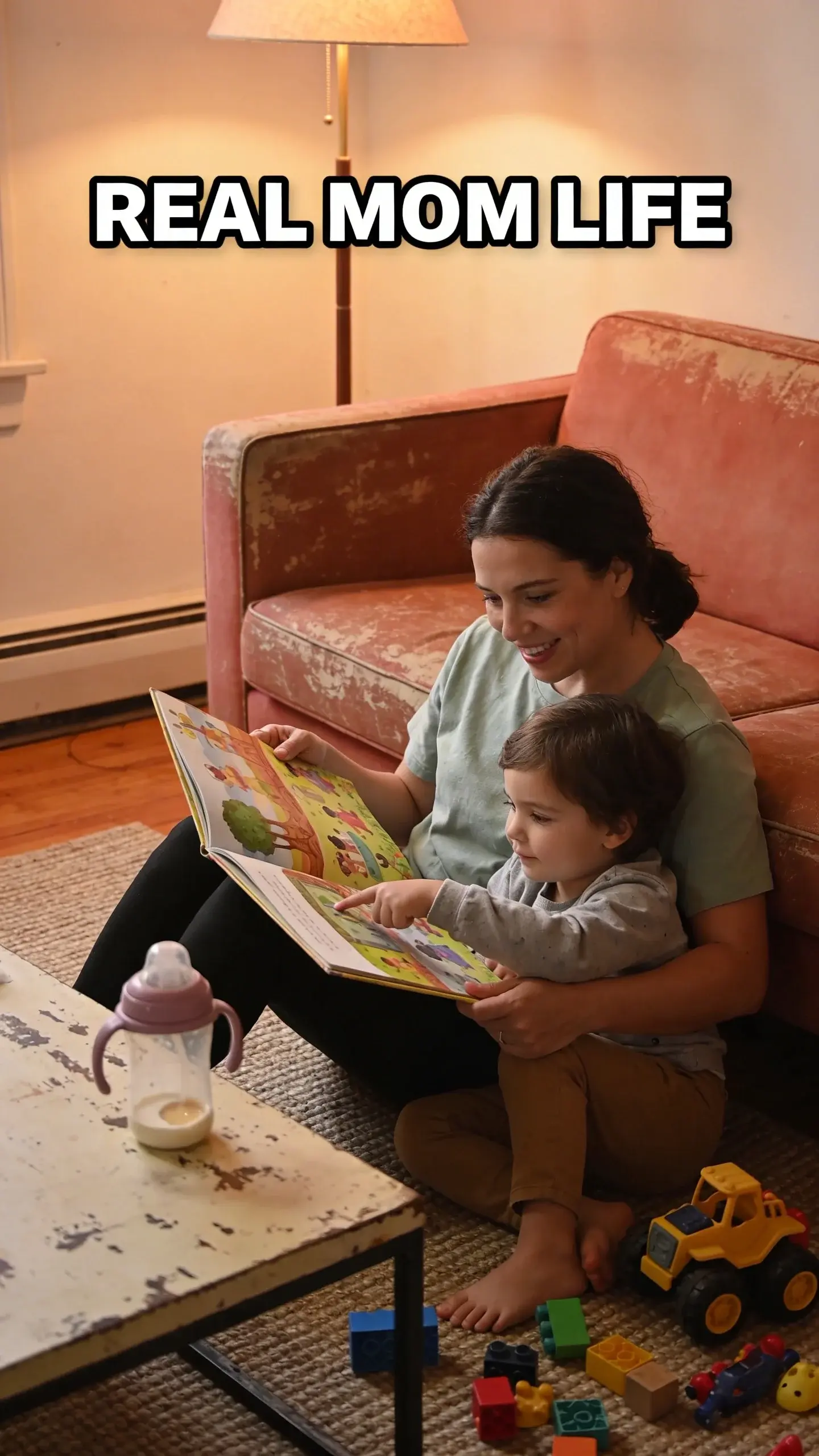 **LIFESTYLE AUTHENTIC**: Lifestyle authentic, vertical 9:16, ultra-tall composition optimized for mobile Pinterest feed, **SCENE**: A candid, slightly messy, authentic moment captured in a cozy living room around 5:30 pm. A mom (mid-30s) is sitting comfortably on the floor, leaning against a worn, inviting sofa, deeply engrossed in reading a large, colorful picture book to her preschooler (around 4 years old). The child is snuggled close beside her, pointing excitedly at a page in the book. Toys are scattered casually around the rug, and a half-empty sippy cup rests on a slightly scuffed coffee table. The mom's face shows genuine warmth, connection, and a sense of calm enjoyment, her eyes focused on the book and her child. The child's face is engaged and relaxed, completely present in the moment. , **EMOTION HOOK**: Craving calm family evenings, **TOPIC PHRASE**: Calm after-school routine, **TEXT POSITION**: TOP, **OVERLAY**: text says exactly: "REAL MOM LIFE", bold sans-serif font, high contrast white text with dark outline or shadow so it is readable on mobile, **LIGHT**: Warm, soft glow from an overhead light and a floor lamp at 5:30 pm, **MOOD**: Peaceful, connected, loving, content, present, **COLOR**: muted warm palette (dusty rose, cream, terracotta, soft sage, warm beige), gentle film grain, no logos, no watermarks, photorealistic, 8K, shallow depth of field, film aesthetic, cinematic color grade, no logos, no watermarks