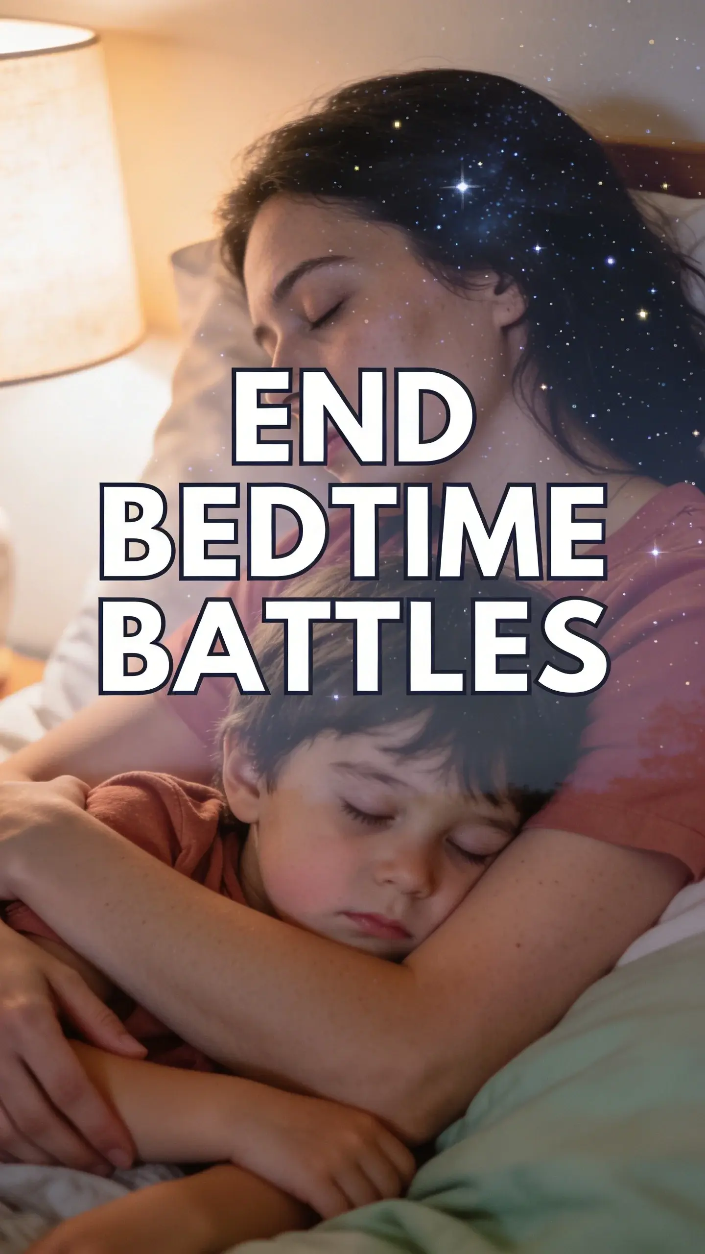 DOUBLE EXPOSURE EMOTIONAL: combine the silhouette or close profile of a parent or child with a soft overlay, BASE: vertical 9:16, ultra-tall composition optimized for mobile Pinterest feed, SCENE: A mother's gentle, weary profile, her eyes closed in quiet resignation and love, is softly overlaid with a tranquil image of a peaceful night sky filled with a scattering of soft, glowing stars. In the foreground, her arms are loosely wrapped around a kindergartener whose head is just visible against her shoulder, hinting at a quiet moment after a long bedtime struggle. The child's profile shows a hint of sleepiness mixed with a lingering stubbornness, representing the transition from battle to peace. The blend creates a sense of longing for calm. , EMOTION HOOK: Bedtime battle exhaustion, TOPIC PHRASE: End bedtime battles, TEXT POSITION: CENTER, OVERLAY: text says exactly: "END BEDTIME BATTLES", bold sans-serif font, high contrast white text with dark outline or shadow so it is readable on mobile, overlay text should be a punchy version of the TOPIC PHRASE or EMOTION HOOK, LIGHT: Warm bedside lamp at night, MOOD: Exhausted but tender, frustrated, loving, hopeful, peaceful, COLOR: muted warm palette (dusty rose, cream, terracotta, soft sage, warm beige), gentle film grain, no logos, no watermarks, photorealistic, 8K, shallow depth of field, film aesthetic, cinematic color grade, no logos, no watermarks