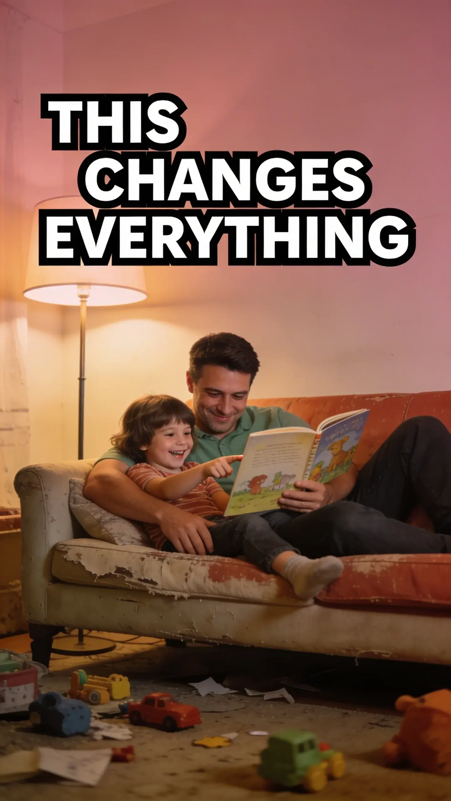 LIFESTYLE AUTHENTIC: candid, documentary-style moment inside a real home, unposed, slight mess, movement, BASE: vertical 9:16, ultra-tall composition optimized for mobile Pinterest feed, SCENE: A candid, warm moment captured in a slightly messy living room. A father and his kindergartener are snuggled together on a well-loved, slightly worn sofa, reading a picture book before bedtime. The child is pointing excitedly at a page, a wide, genuine smile on their face, while the father looks down at them with a soft, tender expression and a gentle smile, his arm protectively around the child. A few toys are scattered on the floor nearby, adding to the authentic, lived-in feel. The scene radiates warmth and connection. , EMOTION HOOK: Joy of connection, TOPIC PHRASE: Peaceful family moments, TEXT POSITION: TOP, OVERLAY: text says exactly: "THIS CHANGES EVERYTHING", bold sans-serif font, high contrast white text with dark outline or shadow so it is readable on mobile, overlay text should be a punchy version of the TOPIC PHRASE or EMOTION HOOK, LIGHT: Warm, soft glow from a nearby floor lamp, creating a cozy atmosphere, MOOD: Tender, joyful, peaceful, connected, content, COLOR: muted warm palette (dusty rose, cream, terracotta, soft sage, warm beige), gentle film grain, no logos, no watermarks, photorealistic, 8K, shallow depth of field, film aesthetic, cinematic color grade, no logos, no watermarks