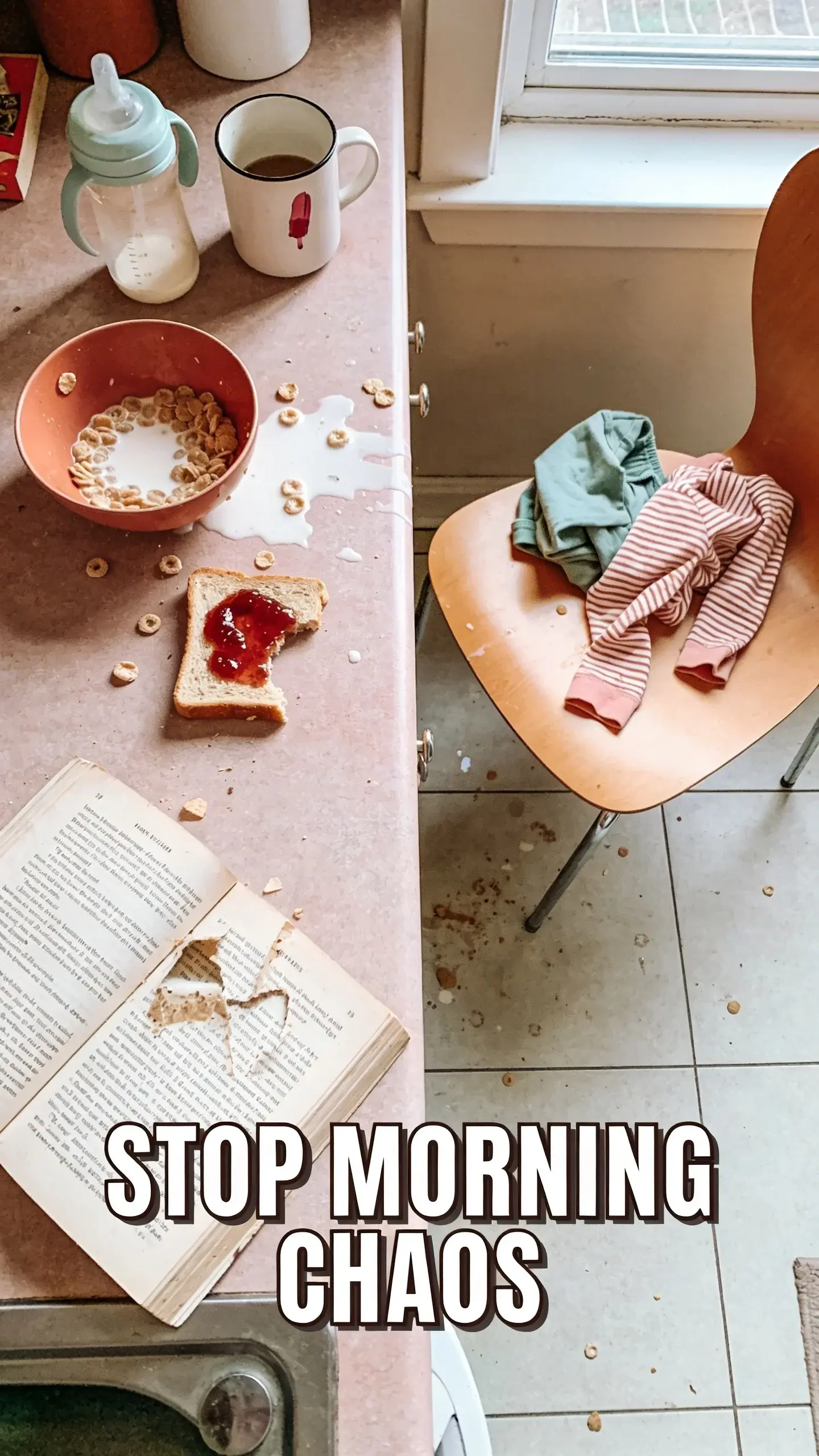 **FLAT LAY OVERHEAD**: FLAT LAY OVERHEAD, **BASE**: vertical 9:16, ultra-tall composition optimized for mobile Pinterest feed, **SCENE**: A top-down view of a cluttered kitchen counter and breakfast nook table, capturing the aftermath of a chaotic morning. An overturned bowl of cereal with spilled milk, a half-eaten piece of toast with jam, a crumpled toddler outfit on a chair, a coffee mug with a lipstick stain, a half-filled sippy cup, and a worn-out parenting book flung open. The scene suggests a hurried, messy morning, leaving the viewer to imagine the parent's exhaustion and the child's resistance. The overall feeling is one of daily overwhelm and the struggle to get out the door. The muted warm palette enhances the raw, authentic feel of real home life. **EMOTION HOOK**: Morning rush overwhelm, **TOPIC PHRASE**: Calm morning routine, **TEXT POSITION**: BOTTOM, **OVERLAY**: text says exactly: "STOP MORNING CHAOS", bold sans-serif font, high contrast white text with dark outline or shadow so it is readable on mobile, **LIGHT**: Soft morning window light, **MOOD**: Overwhelmed, frustrated, chaotic, hopeful for change, **COLOR**: muted warm palette (dusty rose, cream, terracotta, soft sage, warm beige), gentle film grain, no logos, no watermarks