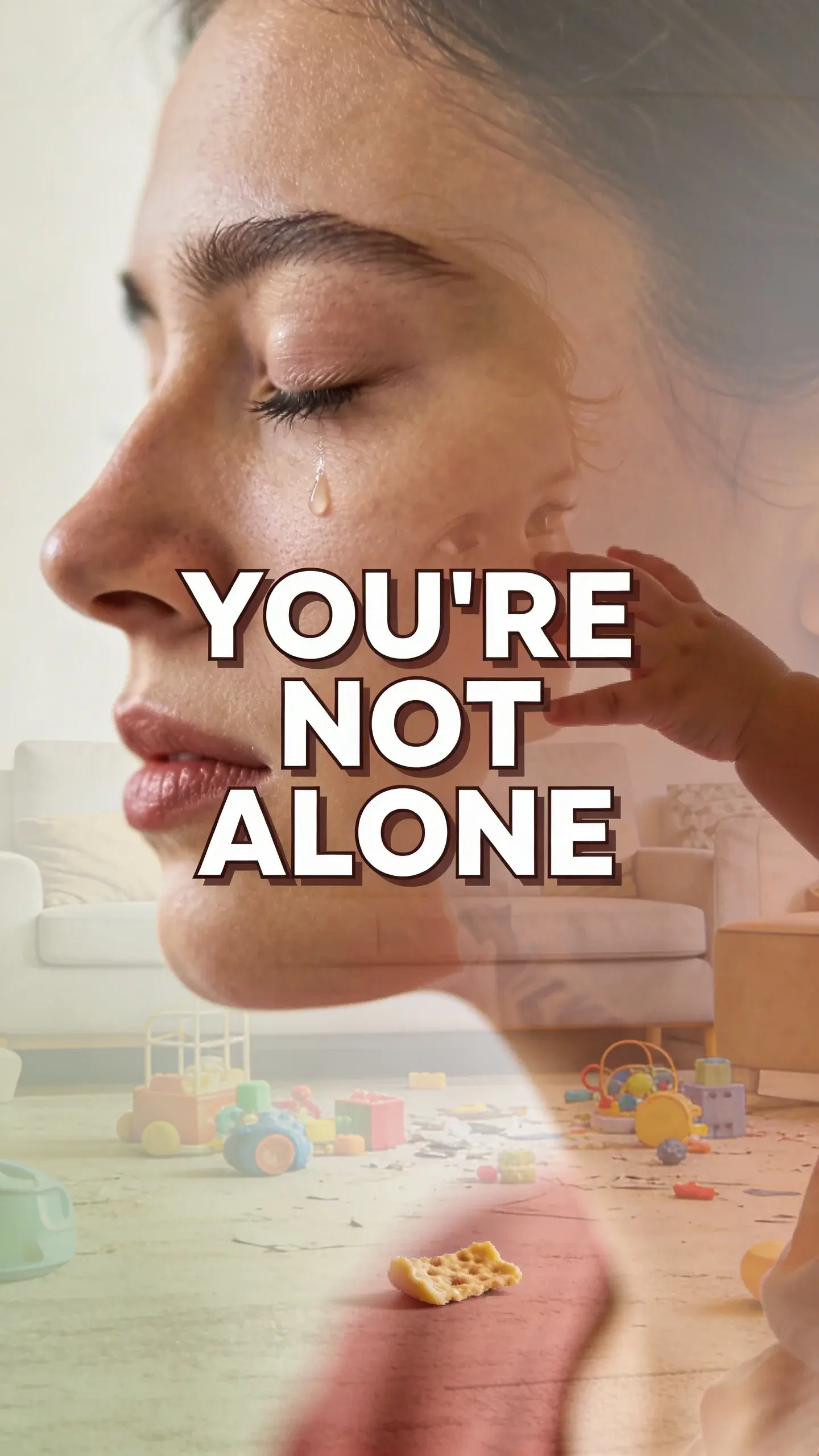 **DOUBLE EXPOSURE EMOTIONAL**: DOUBLE EXPOSURE EMOTIONAL, **BASE**: vertical 9:16, ultra-tall composition optimized for mobile Pinterest feed, **SCENE**: A close profile of a young mom, her eyes closed, a single tear escaping the corner of her eye, her face etched with a mix of regret, exhaustion, and sadness after a toddler meltdown. Superimposed subtly over her profile is a soft, blurred image of a child's small hand reaching for hers, and a faint, abstract outline of a messy living room floor with scattered toys and a discarded snack. This visual juxtaposition represents the internal conflict of parental guilt and the longing for connection amidst the chaos. The emotion is raw and vulnerable, reflecting a moment of deep introspection. **EMOTION HOOK**: Post-meltdown mom guilt, **TOPIC PHRASE**: End toddler meltdowns, **TEXT POSITION**: CENTER, **OVERLAY**: text says exactly: "YOU'RE NOT ALONE", bold sans-serif font, high contrast white text with dark outline or shadow so it is readable on mobile, **LIGHT**: Soft, diffused light, almost ethereal, **MOOD**: Guilty, exhausted, regretful, loving, vulnerable, **COLOR**: muted warm palette (dusty rose, cream, terracotta, soft sage, warm beige), gentle film grain, no logos, no watermarks