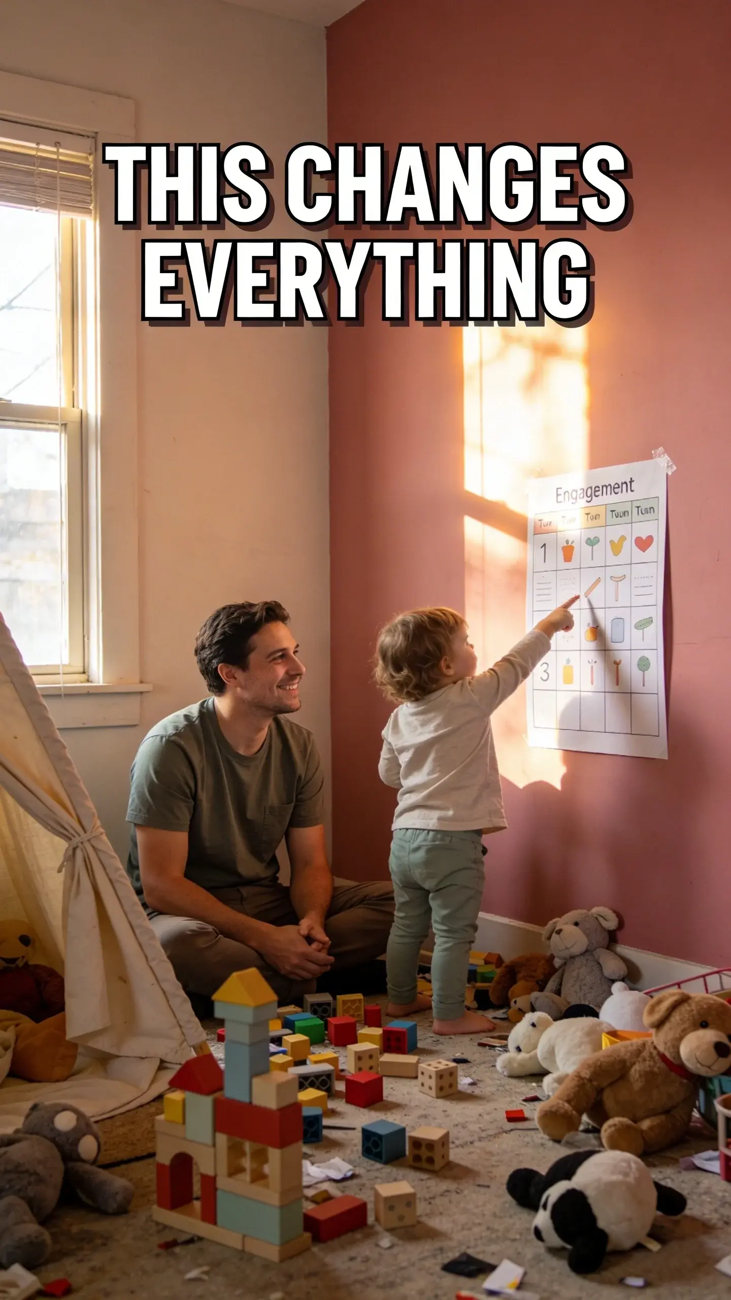 **LIFESTYLE AUTHENTIC**: LIFESTYLE AUTHENTIC, **BASE**: vertical 9:16, ultra-tall composition optimized for mobile Pinterest feed, **SCENE**: A candid, documentary-style moment inside a real, slightly messy living room. A mom (or dad) is sitting on the floor amidst scattered toys – building blocks, stuffed animals, a half-built fort – looking directly at her toddler with a soft, genuine smile of relief and connection. The toddler, with a look of empowered engagement, is pointing excitedly at a simple visual routine chart taped to the wall at their eye level. The scene feels lived-in and unposed, capturing a moment of peace and understanding replacing daily chaos. Golden hour sunlight streams through a nearby window, casting a warm glow. **EMOTION HOOK**: Overwhelmed by daily chaos, **TOPIC PHRASE**: Reduce toddler meltdowns, **TEXT POSITION**: TOP, **OVERLAY**: text says exactly: "THIS CHANGES EVERYTHING", bold sans-serif font, high contrast white text with dark outline or shadow so it is readable on mobile, **LIGHT**: Golden hour sunlight streaming through a window, creating warm highlights, **MOOD**: Relieved, hopeful, connected, authentic, peaceful, **COLOR**: muted warm palette (dusty rose, cream, terracotta, soft sage, warm beige), gentle film grain, no logos, no watermarks