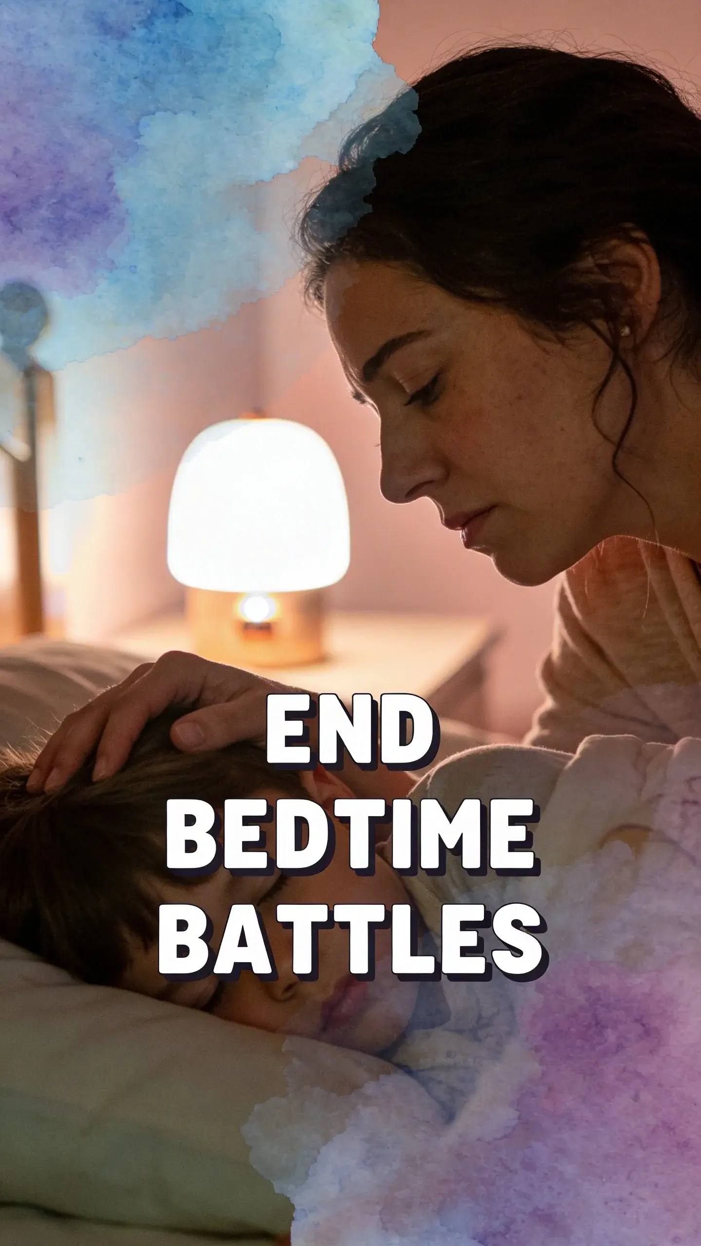 DOUBLE EXPOSURE EMOTIONAL: combine the silhouette or close profile of a parent or child with a soft overlay, vertical 9:16, ultra-tall composition optimized for mobile Pinterest feed, SCENE: A close profile of a tired mom, her eyes slightly closed in deep weariness, gently stroking her elementary-aged child's hair (child just out of frame). Her posture communicates tenderness mixed with profound exhaustion after a long evening. Overlay this with a soft, ethereal image of a peaceful, sleep-inducing watercolor texture in blues and purples. The scene is set in a dimly lit bedroom, late at night, with only the glow of a small nightlight. EMOTION HOOK: Exhaustion from bedtime battles, TOPIC PHRASE: End bedtime struggles, TEXT POSITION: CENTER, OVERLAY: text says exactly: "END BEDTIME BATTLES", bold sans-serif font, high contrast white text with dark outline or shadow so it is readable on mobile, LIGHT: Warm, soft bedside lamp light, creating a gentle glow, MOOD: Weary, tender, frustrated, hopeful, loving, COLOR: muted warm palette (dusty rose, cream, terracotta, soft sage, warm beige), gentle film grain, no logos, no watermarks, photorealistic, 8K, shallow depth of field, film aesthetic, cinematic color grade, no logos, no watermarks