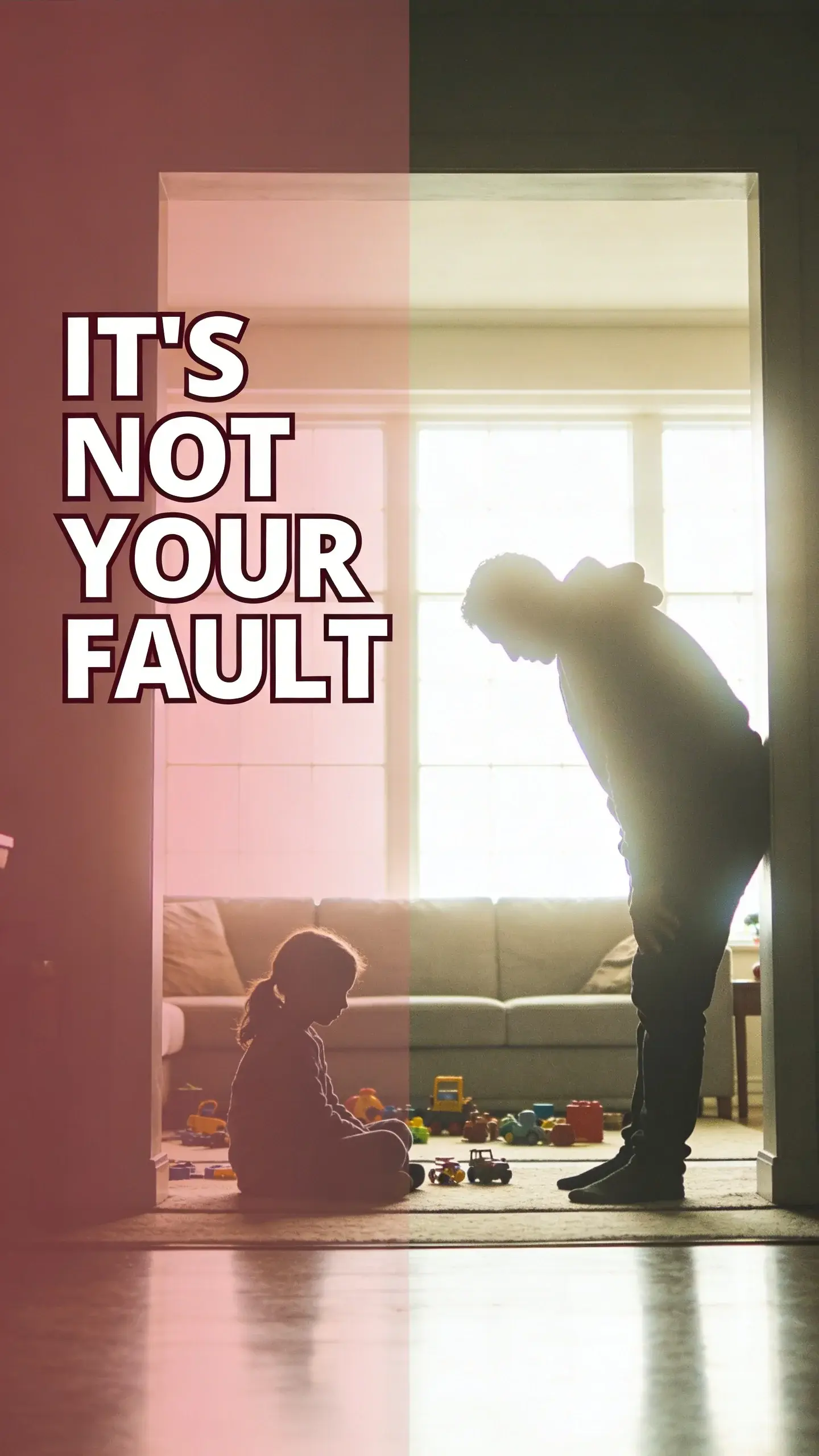 SILHOUETTE BACKLIGHT: strong backlight from window or doorway, parent and/or child in silhouette, vertical 9:16, ultra-tall composition optimized for mobile Pinterest feed, SCENE: A parent (silhouette) stands slumped in a doorway, looking down at an elementary-aged child (silhouette) sitting dejectedly on the floor amidst scattered toys in a living room. The strong backlight from a large, sunlit window behind them creates dramatic, clear silhouettes. The parent's shoulders are visibly slumped, indicating weariness and perhaps guilt, while the child's posture suggests a moment of sadness or defiance after a recent argument. Messy toys are visible but indistinct in the foreground. EMOTION HOOK: Guilt after daily arguments, TOPIC PHRASE: Reduce parenting stress, TEXT POSITION: LEFT SIDE, OVERLAY: text says exactly: "IT'S NOT YOUR FAULT", bold sans-serif font, high contrast white text with dark outline or shadow so it is readable on mobile, LIGHT: Strong, bright afternoon sunlight streaming through a large window, creating a halo effect around the silhouettes, MOOD: Guilty, overwhelmed, regretful, seeking peace, COLOR: muted warm palette (dusty rose, cream, terracotta, soft sage, warm beige), gentle film grain, no logos, no watermarks, photorealistic, 8K, shallow depth of field, film aesthetic, cinematic color grade, no logos, no watermarks