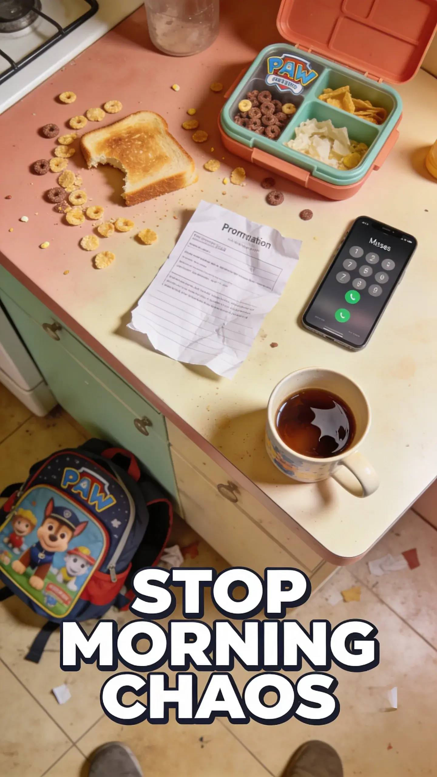 FLAT LAY OVERHEAD: top-down view of meaningful parenting objects, vertical 9:16, ultra-tall composition optimized for mobile Pinterest feed, SCENE: An overhead shot of a kitchen counter after a rushed morning. Spilled cereal flakes and a half-eaten piece of toast lie next to a crumpled school permission slip. A half-packed Paw Patrol lunchbox is open, next to a child's backpack carelessly tossed on the floor. A single, half-empty coffee mug sits amidst the scattered mess, reflecting the parent's exhaustion from the morning sprint. A smartphone screen shows multiple missed calls. EMOTION HOOK: Morning rush stress, TOPIC PHRASE: Calm morning routine, TEXT POSITION: BOTTOM, OVERLAY: text says exactly: "STOP MORNING CHAOS", bold sans-serif font, high contrast white text with dark outline or shadow so it is readable on mobile, LIGHT: Bright, slightly harsh kitchen overhead light, MOOD: Overwhelmed, frantic, messy, exhausted, hopeful, COLOR: muted warm palette (dusty rose, cream, terracotta, soft sage, warm beige), gentle film grain, no logos, no watermarks, photorealistic, 8K, shallow depth of field, film aesthetic, cinematic color grade, no logos, no watermarks