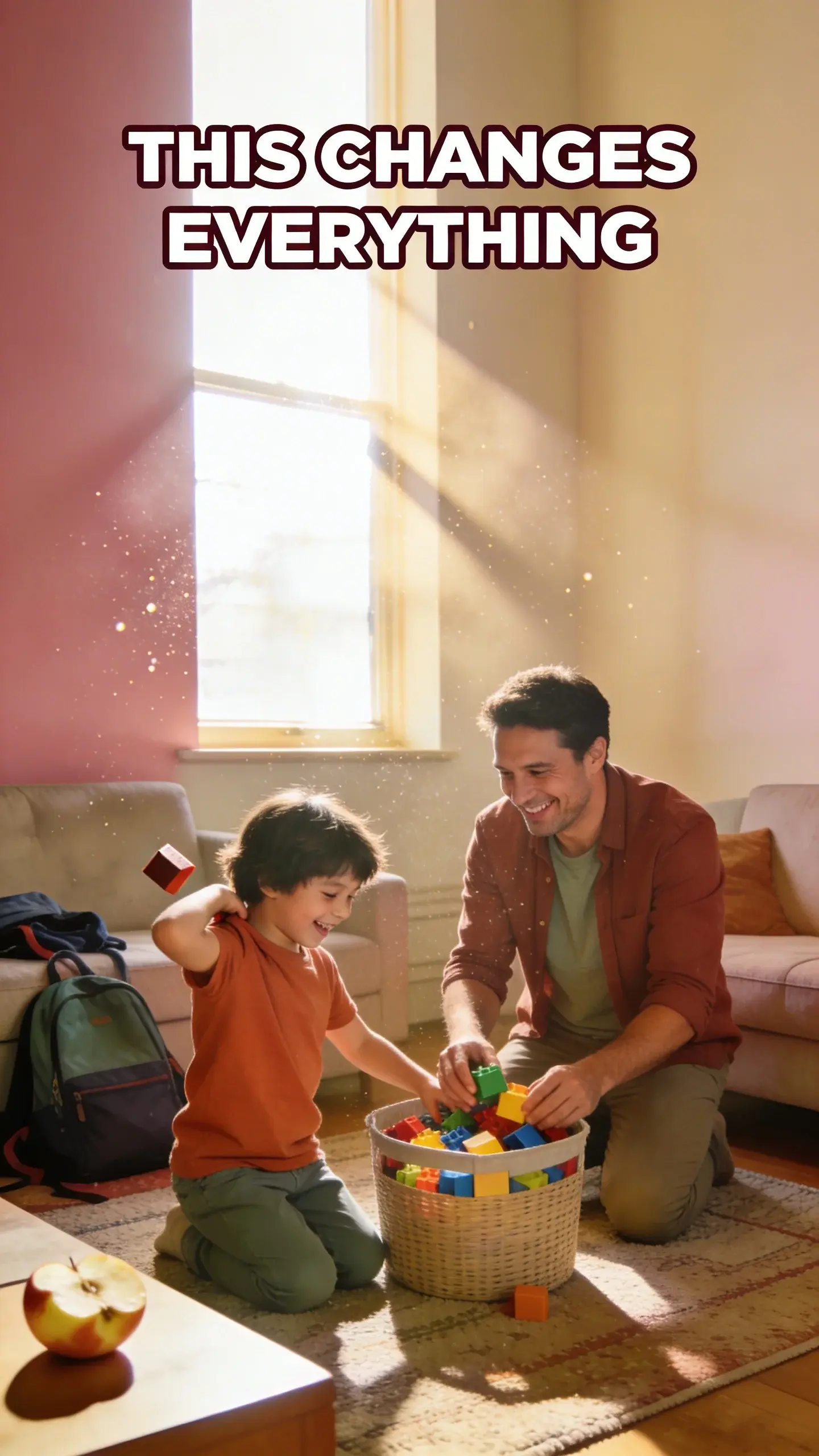 LIFESTYLE AUTHENTIC: candid, documentary-style moment inside a real home, vertical 9:16, ultra-tall composition optimized for mobile Pinterest feed, SCENE: A candid, slightly messy moment in a cozy living room. A dad is kneeling on the rug, gently trying to help his elementary-aged child put away colorful building blocks into a storage basket. The child is giggling and playfully resisting, tossing a block over their shoulder. School bags are casually tossed near the couch, and a half-eaten apple is on the coffee table. The dad has a genuine, slightly exasperated but loving smile as he tries to guide the child. EMOTION HOOK: Taming daily household chaos, TOPIC PHRASE: Tame daily chaos, TEXT POSITION: TOP, OVERLAY: text says exactly: "THIS CHANGES EVERYTHING", bold sans-serif font, high contrast white text with dark outline or shadow so it is readable on mobile, LIGHT: Warm, late afternoon golden hour sunlight streaming through a window, casting long shadows and highlighting dust motes, MOOD: Playful, chaotic, loving, exasperated, hopeful, COLOR: muted warm palette (dusty rose, cream, terracotta, soft sage, warm beige), gentle film grain, no logos, no watermarks, photorealistic, 8K, shallow depth of field, film aesthetic, cinematic color grade, no logos, no watermarks