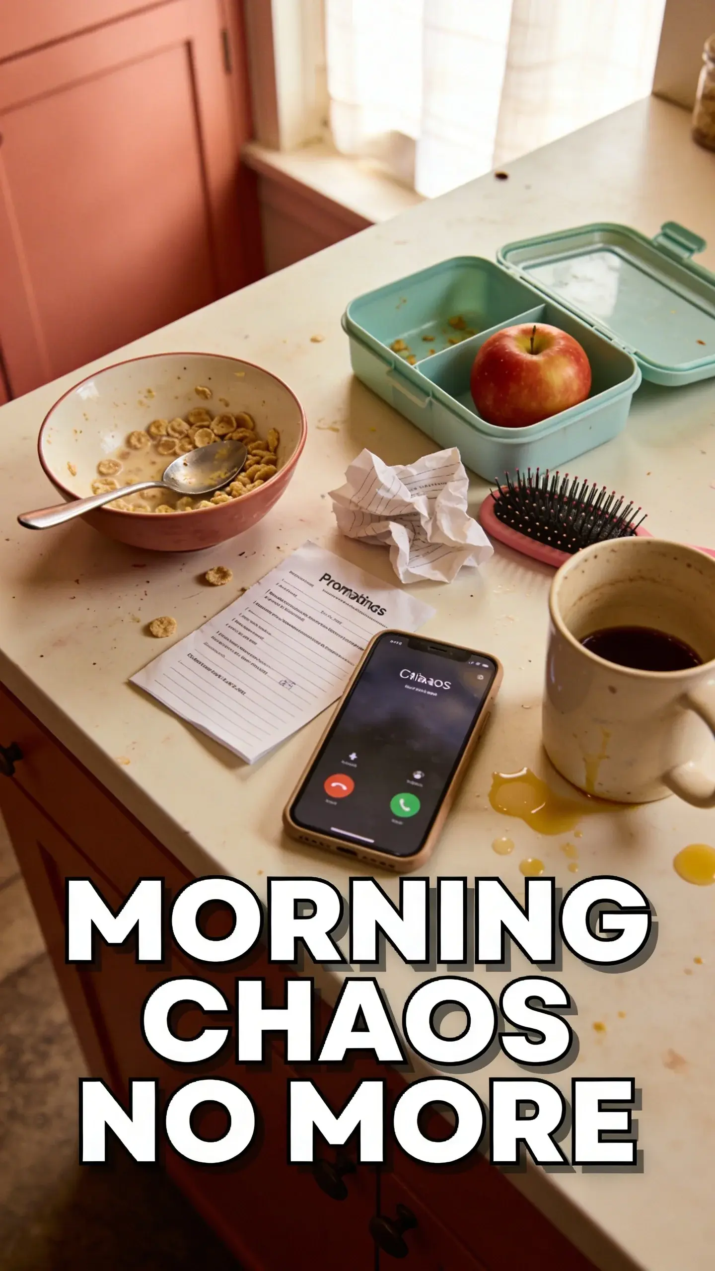 FLAT LAY OVERHEAD: top-down view of meaningful parenting objects, BASE: vertical 9:16, ultra-tall composition optimized for mobile Pinterest feed, SCENE: A chaotic kitchen island or table with the remnants of a rushed morning: a half-eaten bowl of cereal with a spoon sticking out, an open lunchbox with a single apple, a crumpled school permission slip, a forgotten child's hairbrush, a parent's phone displaying a missed call notification, and a half-empty coffee mug. The surface is slightly sticky with spilled juice, conveying the frantic energy and underlying guilt of a morning that felt like a battle before school. No human faces are visible, but the objects tell the story of the family's rush and the parent's struggle to keep everything together. The overall impression is one of overwhelmed effort. , EMOTION HOOK: Morning rush guilt, TOPIC PHRASE: Calm kindergarten mornings, TEXT POSITION: BOTTOM, OVERLAY: text says exactly: "MORNING CHAOS NO MORE", bold sans-serif font, high contrast white text with dark outline or shadow so it is readable on mobile, overlay text should be a punchy version of the TOPIC PHRASE or EMOTION HOOK, LIGHT: Soft morning window light, MOOD: Overwhelmed, guilty, rushed, hopeful, tired, COLOR: muted warm palette (dusty rose, cream, terracotta, soft sage, warm beige), gentle film grain, no logos, no watermarks, photorealistic, 8K, shallow depth of field, film aesthetic, cinematic color grade, no logos, no watermarks