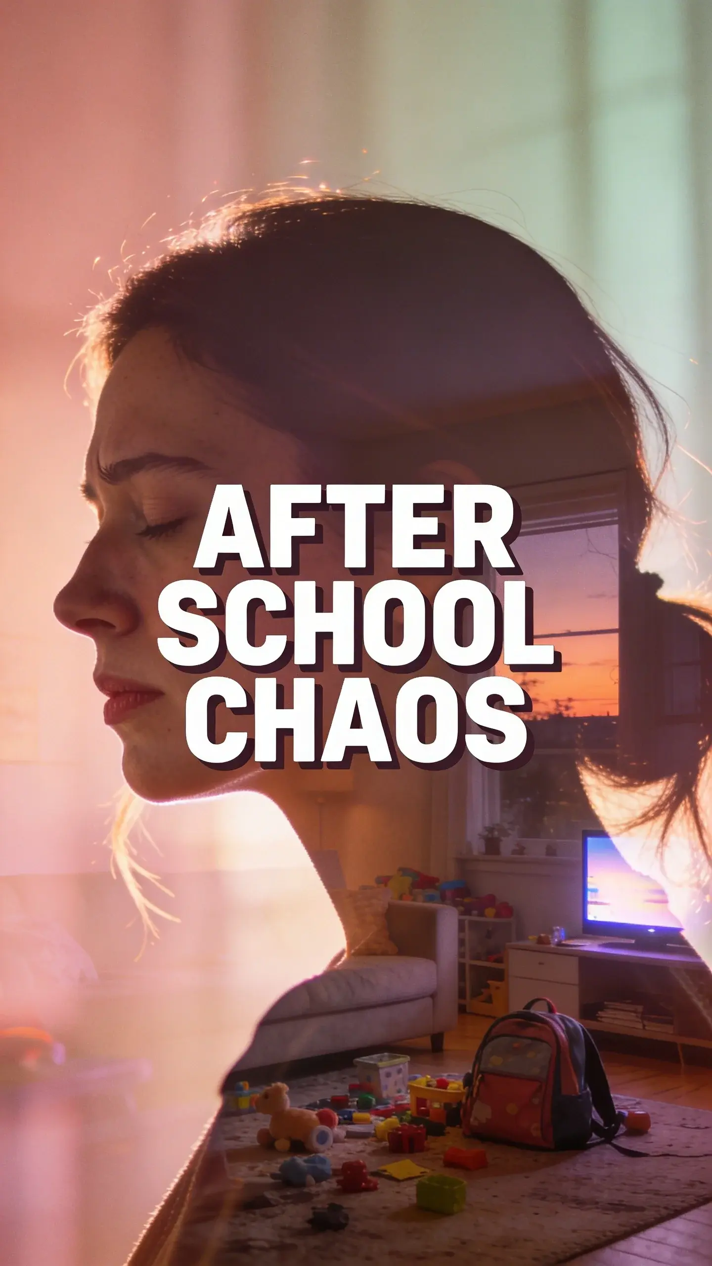 **DOUBLE EXPOSURE EMOTIONAL**: DOUBLE EXPOSURE EMOTIONAL, BASE: vertical 9:16, ultra-tall composition optimized for mobile Pinterest feed, SCENE: A close profile shot of a young mother in her early thirties, her eyes closed slightly, a faint frown on her brow indicating deep exhaustion and a longing for peace after a long day. Her hair is loosely tied back, with a few strands escaping. Overlaid subtly onto her silhouette and profile is a soft, blurred image of a chaotic living room at dusk, filled with scattered toys, a school backpack tossed on the floor, and the faint glow of a screen from an unseen device. The mother's face shows a mix of overwhelm and a desperate desire for calm amidst the after-school storm. EMOTION HOOK: overwhelmed after-school mom, TOPIC PHRASE: calm after school routine, TEXT POSITION: CENTER, OVERLAY: text says exactly: "AFTER SCHOOL CHAOS", bold sans-serif font, high contrast white text with dark outline or shadow so it is readable on mobile, LIGHT: warm, soft indoor light filtering through the overlay, with a subtle glow around the mother's profile, MOOD: exhausted, overwhelmed, longing, stressed, COLOR: muted warm palette (dusty rose, cream, terracotta, soft sage, warm beige), gentle film grain, no logos, no watermarks, QUALITY: photorealistic, 8K, shallow depth of field, film aesthetic, cinematic color grade, no logos, no watermarks