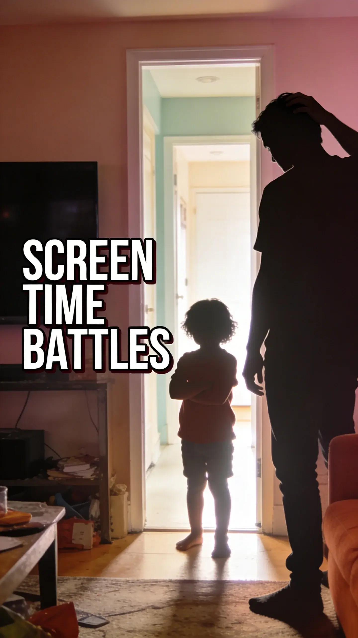 **SILHOUETTE BACKLIGHT**: SILHOUETTE BACKLIGHT, BASE: vertical 9:16, ultra-tall composition optimized for mobile Pinterest feed, SCENE: A wide shot from inside a cozy, slightly cluttered living room looking towards a brightly lit open doorway leading to a hallway. A kindergartener (5-6 years old) stands defiantly in the doorway, arms crossed, their small silhouette outlined against the bright light, facing away from the viewer. A parent's silhouette stands a few steps behind, shoulders slightly slumped, one hand running through their hair, conveying weariness and frustration after another screen-time negotiation. The body language clearly shows a standoff, with the child resisting and the parent feeling defeated. The TV screen in the background is dark, emphasizing the conflict. EMOTION HOOK: screen time battles with kids, TOPIC PHRASE: stop screen time arguments, TEXT POSITION: LEFT SIDE, OVERLAY: text says exactly: "SCREEN TIME BATTLES", bold sans-serif font, high contrast white text with dark outline or shadow so it is readable on mobile, LIGHT: strong backlight from the doorway, creating clear silhouettes against a bright, warm hallway, MOOD: frustrated, weary, defiant, tense, COLOR: muted warm palette (dusty rose, cream, terracotta, soft sage, warm beige), gentle film grain, no logos, no watermarks, QUALITY: photorealistic, 8K, shallow depth of field, film aesthetic, cinematic color grade, no logos, no watermarks