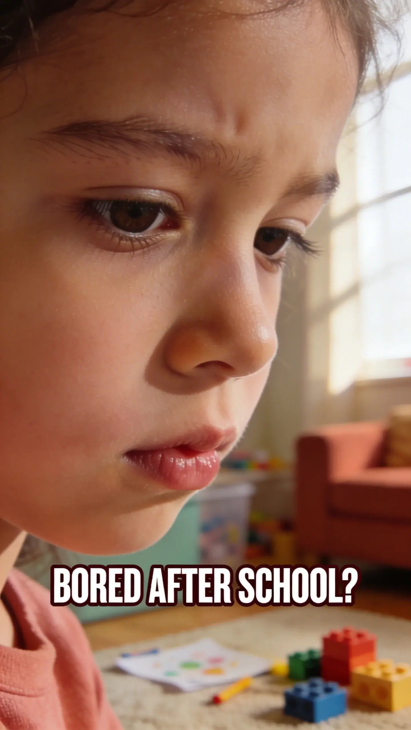 **CLOSE-UP FACE EMOTION**: CLOSE-UP FACE EMOTION, BASE: vertical 9:16, ultra-tall composition optimized for mobile Pinterest feed, SCENE: An extreme close-up of a kindergartener's face, a 5-year-old child with expressive eyes. Their gaze is slightly downcast, a subtle pout on their lips, and their brow is furrowed just enough to convey a clear sense of boredom and mild disappointment after school. The soft focus blurs the background into warm, muted tones, suggesting a living room floor with a hint of unfinished craft supplies or building blocks, emphasizing that they've tried other things but are still unengaged. The light catches the child's eyes, making their emotion instantly readable. EMOTION HOOK: bored kindergartener after school, TOPIC PHRASE: engaging screen-free ideas, TEXT POSITION: BOTTOM-CENTER, OVERLAY: text says exactly: "BORED AFTER SCHOOL?", bold sans-serif font, high contrast white text with dark outline or shadow so it is readable on mobile, LIGHT: soft window light illuminating the child's face from the side, creating gentle shadows, MOOD: bored, disappointed, uninspired, listless, COLOR: muted warm palette (dusty rose, cream, terracotta, soft sage, warm beige), gentle film grain, no logos, no watermarks, QUALITY: photorealistic, 8K, shallow depth of field, film aesthetic, cinematic color grade, no logos, no watermarks