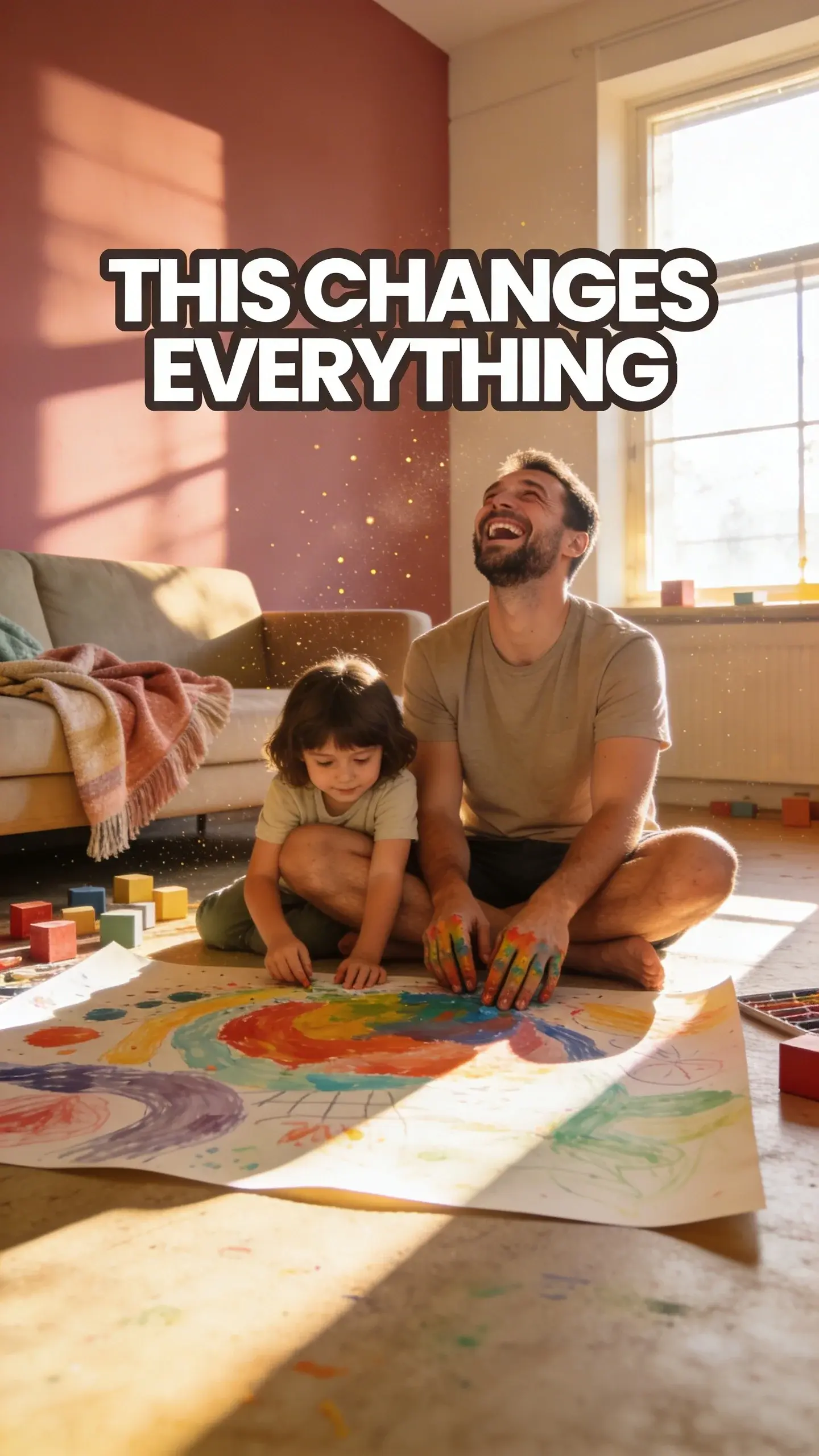 **LIFESTYLE AUTHENTIC**: LIFESTYLE AUTHENTIC, BASE: vertical 9:16, ultra-tall composition optimized for mobile Pinterest feed, SCENE: A candid, slightly off-center shot capturing a genuine moment of connection in a sun-drenched living room during late afternoon golden hour. A father (mid-30s, short beard, wearing a comfortable t-shirt) is sitting cross-legged on the floor, head tilted back in genuine laughter, his face alight with joy. His 6-year-old kindergartener is nestled close beside him, both focused on a large, colorful drawing spread between them, their hands smudged with paint. The room is lived-in, with a few blocks scattered nearby and a cozy blanket draped over a sofa, creating an atmosphere of warmth and uninhibited, joyful interaction. The father's eyes are crinkled with happiness, looking at his child. EMOTION HOOK: joyful screen-free connection, TOPIC PHRASE: connect with kids screen-free, TEXT POSITION: TOP, OVERLAY: text says exactly: "THIS CHANGES EVERYTHING", bold sans-serif font, high contrast white text with dark outline or shadow so it is readable on mobile, LIGHT: warm golden hour sunlight streaming through a window, casting long, soft shadows and highlighting dust motes in the air, MOOD: joyful, connected, loving, peaceful, authentic, COLOR: muted warm palette (dusty rose, cream, terracotta, soft sage, warm beige), gentle film grain, no logos, no watermarks, QUALITY: photorealistic, 8K, shallow depth of field, film aesthetic, cinematic color grade, no logos, no watermarks
