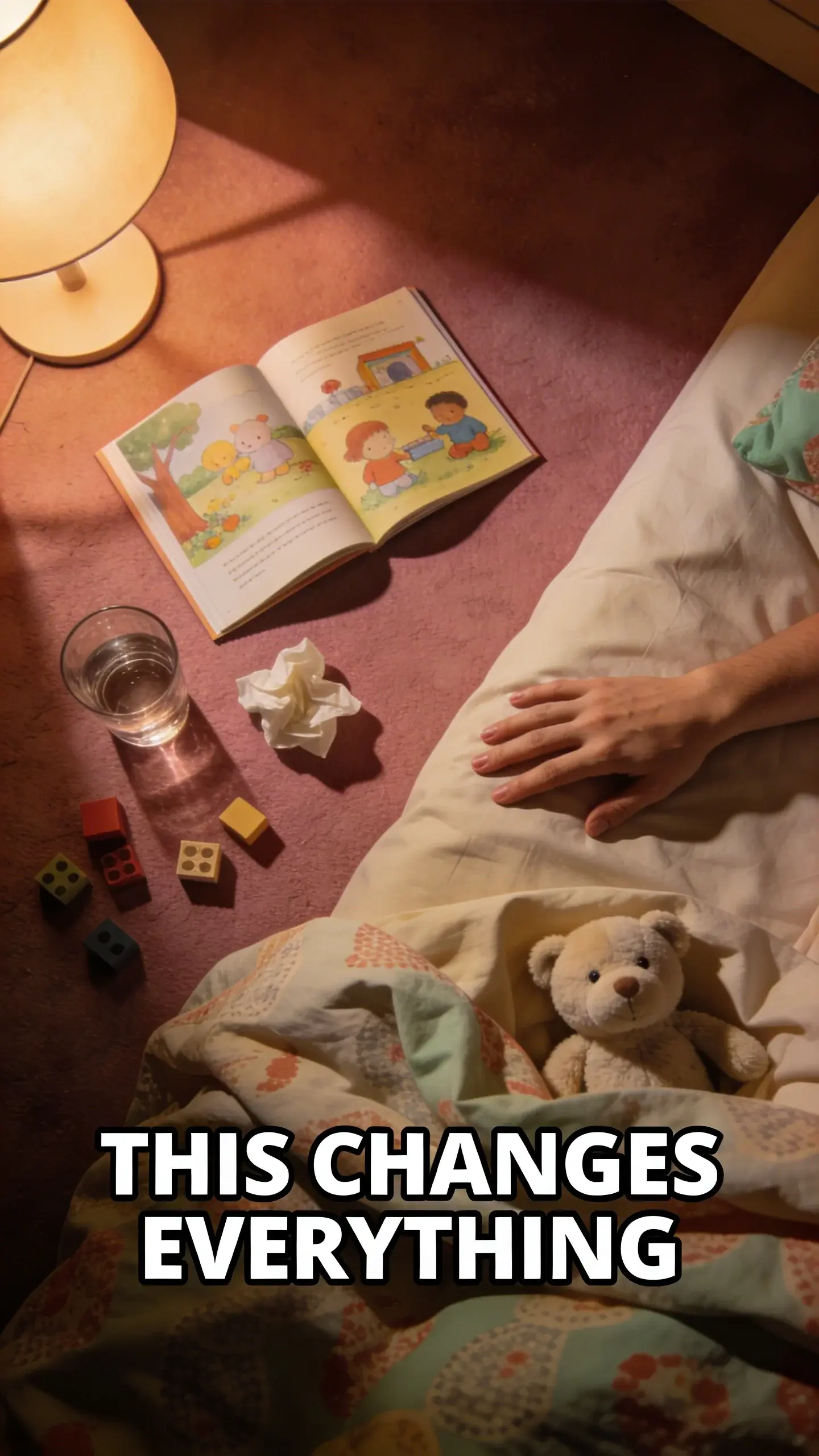 **FLAT LAY OVERHEAD**: flat lay overhead, vertical 9:16, ultra-tall composition optimized for mobile Pinterest feed, **SCENE**: A dimly lit bedroom floor, viewed from directly above, after a child has finally fallen asleep. A discarded, well-loved children's picture book lies open, next to a crumpled tissue and a half-empty glass of water. A small, soft stuffed animal is tucked slightly under a rumpled, patterned duvet, where a parent's outstretched hand rests gently, fingers slightly splayed, conveying profound exhaustion and a touch of lingering guilt. The floor has a few scattered building blocks, reflecting the recent struggle. **EMOTION HOOK**: mom guilt after yelling at bedtime, **TOPIC PHRASE**: end bedtime battles, **TEXT POSITION**: BOTTOM, **OVERLAY**: text says exactly: "THIS CHANGES EVERYTHING", bold sans-serif font, high contrast white text with dark outline or shadow so it is readable on mobile, **LIGHT**: soft, warm bedside lamp light casting long shadows, **MOOD**: exhausted but hopeful, guilty, tender, reflective, **COLOR**: muted warm palette (dusty rose, cream, terracotta, soft sage, warm beige), gentle film grain, no logos, no watermarks, photorealistic, 8K, shallow depth of field, film aesthetic, cinematic color grade