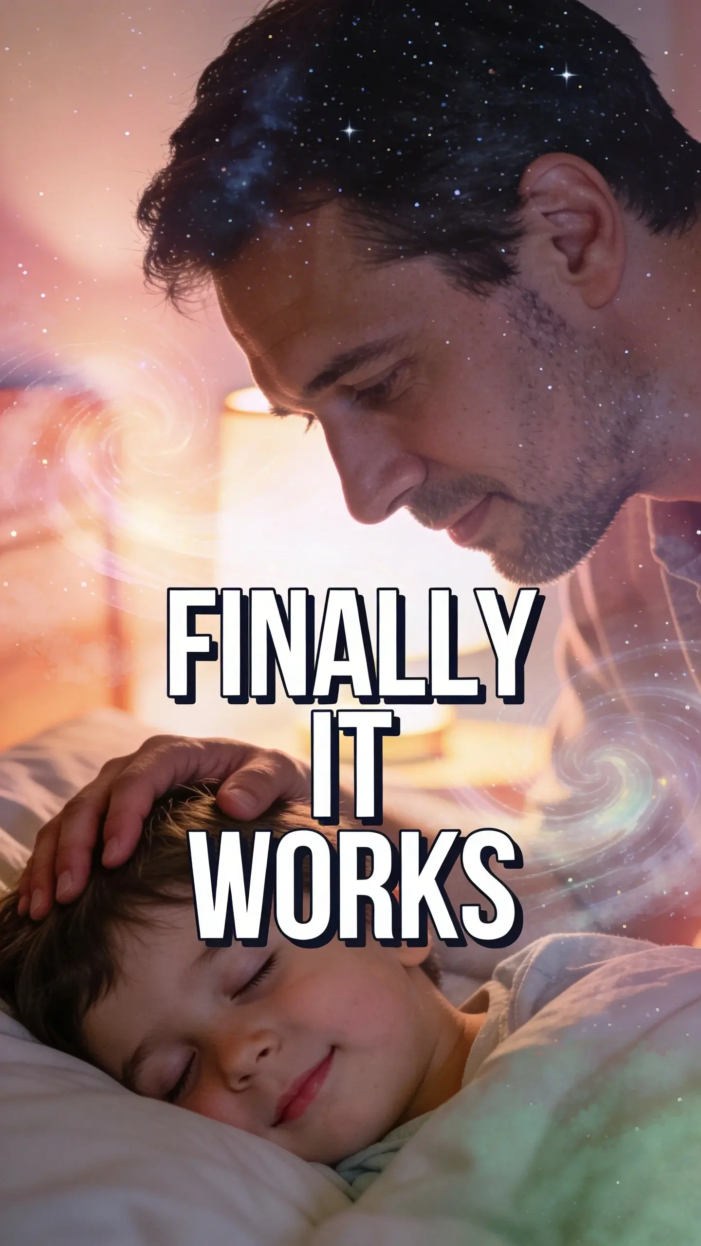 **DOUBLE EXPOSURE EMOTIONAL**: double exposure emotional, vertical 9:16, ultra-tall composition optimized for mobile Pinterest feed, **SCENE**: A tender close profile of a father, mid-30s, gently stroking his child's hair as the child, around 5 years old, lies peacefully in bed, eyes heavy with sleep and a faint, contented smile. The father's face, in sharp focus, shows deep love, relief, and a quiet sense of connection. This scene is softly overlaid with a dreamy, ethereal image of a swirling night sky with faint stars, or a gentle, glowing watercolor texture, symbolizing peace and the desired tranquility of a calm night. **EMOTION HOOK**: longing for peaceful evenings, **TOPIC PHRASE**: calm bedtime routine, **TEXT POSITION**: CENTER, **OVERLAY**: text says exactly: "FINALLY IT WORKS", bold sans-serif font, high contrast white text with dark outline or shadow so it is readable on mobile, **LIGHT**: warm, soft glow from a nightlight, creating a serene atmosphere, **MOOD**: peaceful, connected, loving, relieved, serene, **COLOR**: muted warm palette (dusty rose, cream, terracotta, soft sage, warm beige), gentle film grain, no logos, no watermarks, photorealistic, 8K, shallow depth of field, film aesthetic, cinematic color grade