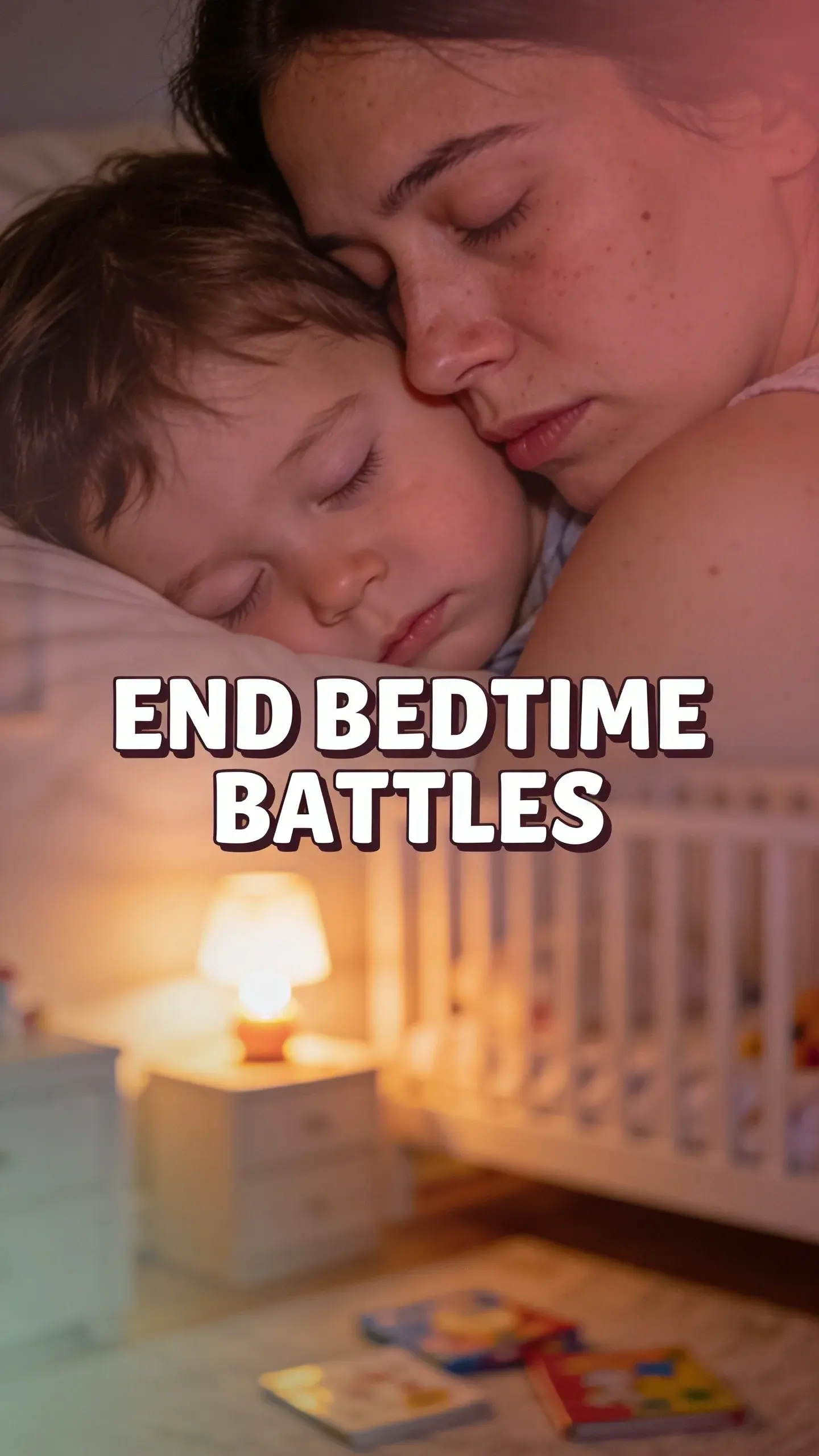 **DOUBLE EXPOSURE EMOTIONAL**: double exposure emotional, **BASE**: vertical 9:16, ultra-tall composition optimized for mobile Pinterest feed, **SCENE**: A close profile of a tired mom, her eyes gently closed, softly holding her sleeping 3-year-old toddler in a dimly lit nursery. The toddler's face is peaceful, nestled against her shoulder, but the mom's expression shows the lingering exhaustion and emotional residue from a difficult evening. Overlaid softly on this image is a blurry, warm-toned image of a child's bedroom at night, with a faint, comforting glow from a nightlight and a few scattered storybooks on the floor, visually representing the recent bedtime battle. **EMOTION HOOK**: Toddler bedtime meltdowns, **TOPIC PHRASE**: Easier bedtime routine, **TEXT POSITION**: CENTER, **OVERLAY**: text says exactly: "END BEDTIME BATTLES", bold sans-serif font, high contrast white text with dark outline or shadow so it is readable on mobile, **LIGHT**: warm bedside lamp at night, **MOOD**: exhausted, tender, relieved, weary, **COLOR**: muted warm palette (dusty rose, cream, terracotta, soft sage, warm beige), gentle film grain, no logos, no watermarks.