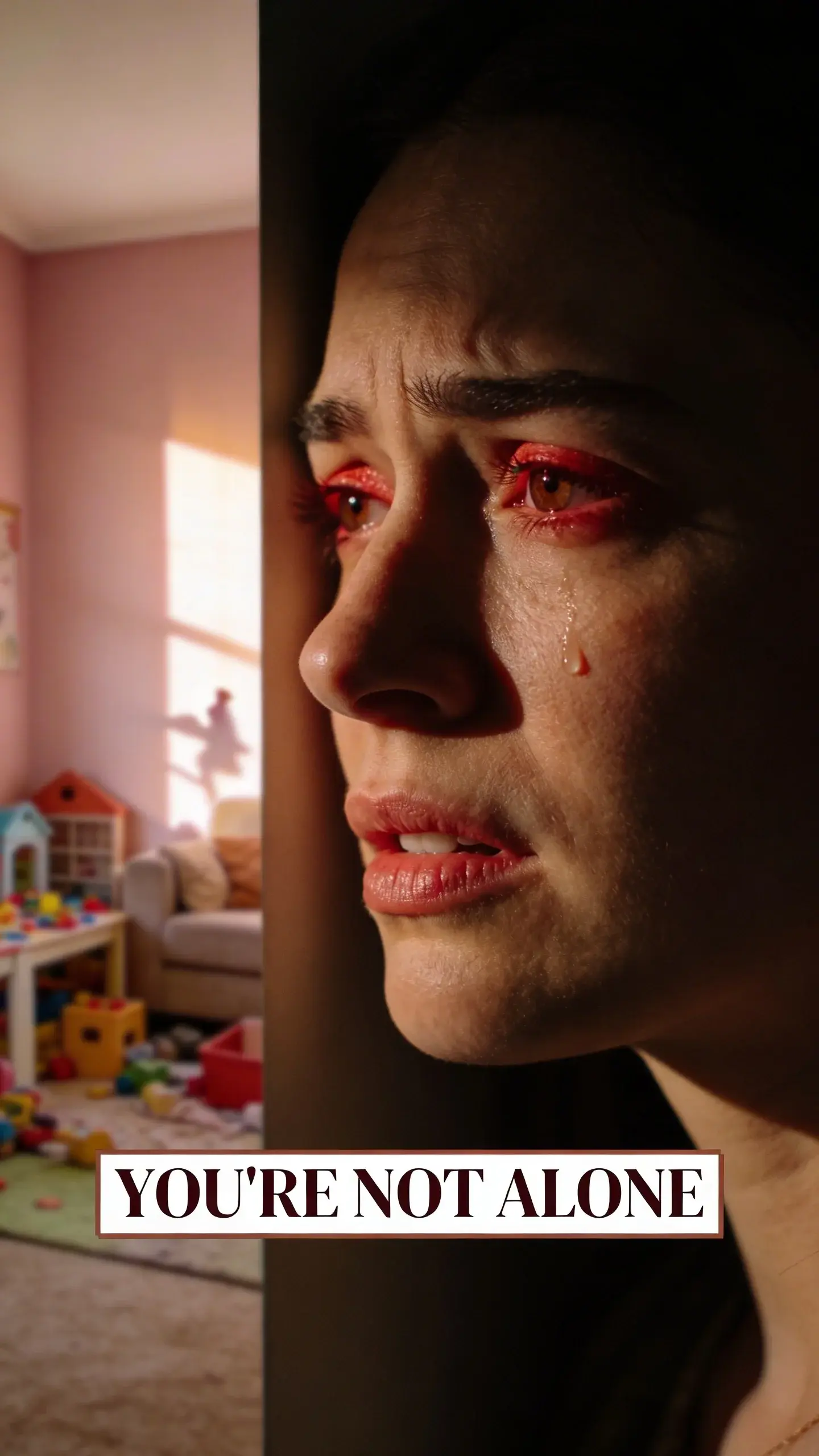 **CLOSE-UP FACE EMOTION**: close-up face emotion, **BASE**: vertical 9:16, ultra-tall composition optimized for mobile Pinterest feed, **SCENE**: An extreme close-up of a mom's face, late afternoon in a dimly lit corner of her home. Her eyes are slightly red-rimmed, a single tear threatening to fall, but she's trying to compose herself, biting her lip. Her brow is furrowed with a complex mix of guilt, exhaustion, and self-reproach after a particularly difficult interaction with her child. The background is softly blurred, hinting at a messy playroom or living room, adding to the sense of overwhelming life. Her expression captures the raw vulnerability of feeling like she's failed. **EMOTION HOOK**: Mom guilt after yelling, **TOPIC PHRASE**: Gentle parenting tools, **TEXT POSITION**: BOTTOM-CENTER, **OVERLAY**: text says exactly: "YOU'RE NOT ALONE", bold sans-serif font, high contrast white text with dark outline or shadow so it is readable on mobile, **LIGHT**: moody backlight for silhouettes, **MOOD**: guilty, overwhelmed, sad, vulnerable, **COLOR**: muted warm palette (dusty rose, cream, terracotta, soft sage, warm beige), gentle film grain, no logos, no watermarks.