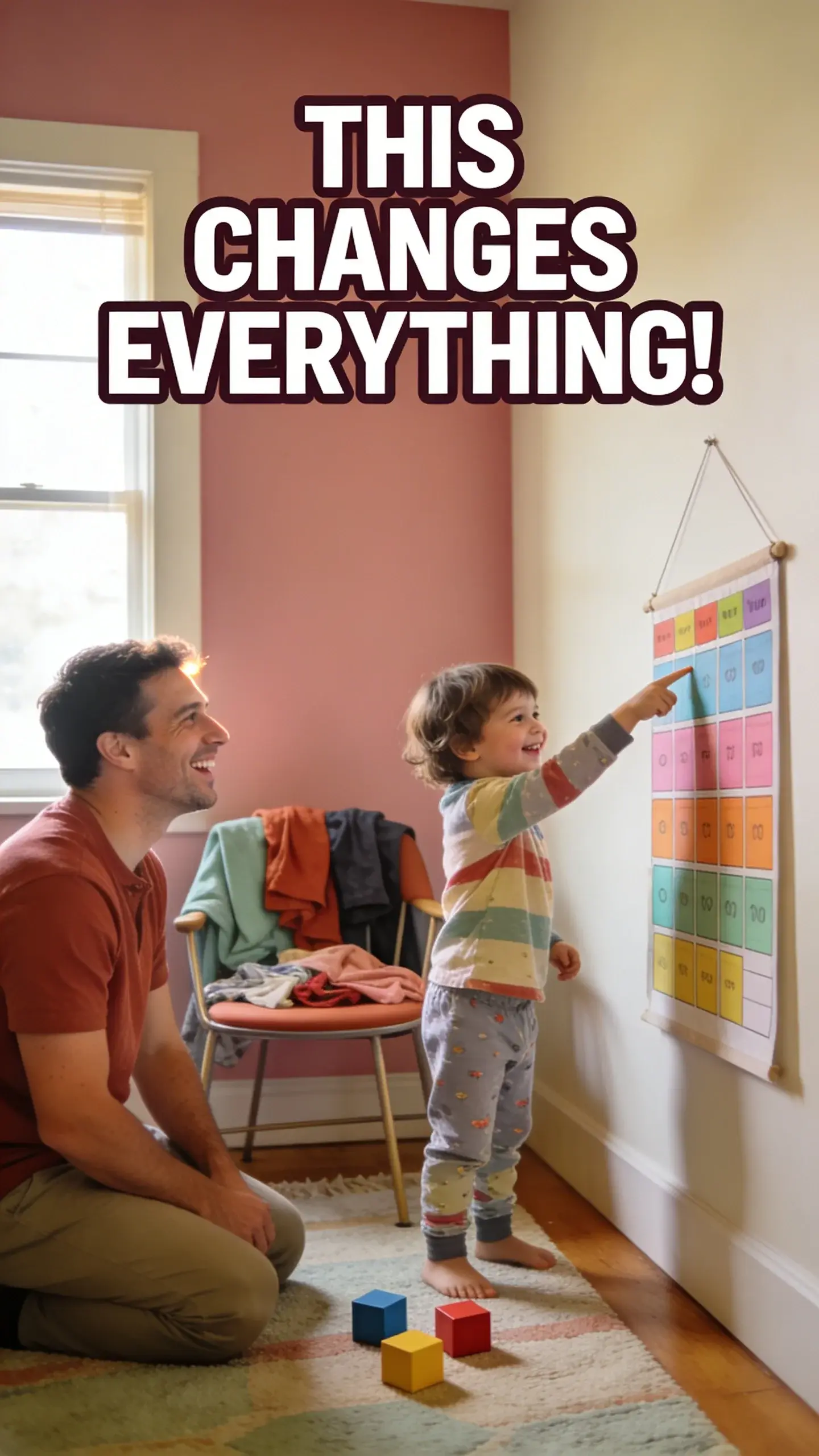 **LIFESTYLE AUTHENTIC**: lifestyle authentic, **BASE**: vertical 9:16, ultra-tall composition optimized for mobile Pinterest feed, **SCENE**: A candid, documentary-style moment inside a real child's bedroom around mid-morning. A spirited 3-year-old child, wearing mismatched pajamas, is proudly pointing with a triumphant smile at a colorful visual routine chart hanging low on the wall. A dad is kneeling beside them, his face illuminated with genuine joy and relief as he watches his child confidently take initiative in their morning tasks. Clothes are draped over a chair, and a few blocks are scattered on the rug, adding to the authentic, slightly messy home feel. **EMOTION HOOK**: Fostering toddler independence, **TOPIC PHRASE**: Visual routine success, **TEXT POSITION**: TOP, **OVERLAY**: text says exactly: "THIS CHANGES EVERYTHING!", bold sans-serif font, high contrast white text with dark outline or shadow so it is readable on mobile, **LIGHT**: soft morning window light, **MOOD**: joyful, proud, relieved, empowering, **COLOR**: muted warm palette (dusty rose, cream, terracotta, soft sage, warm beige), gentle film grain, no logos, no watermarks.