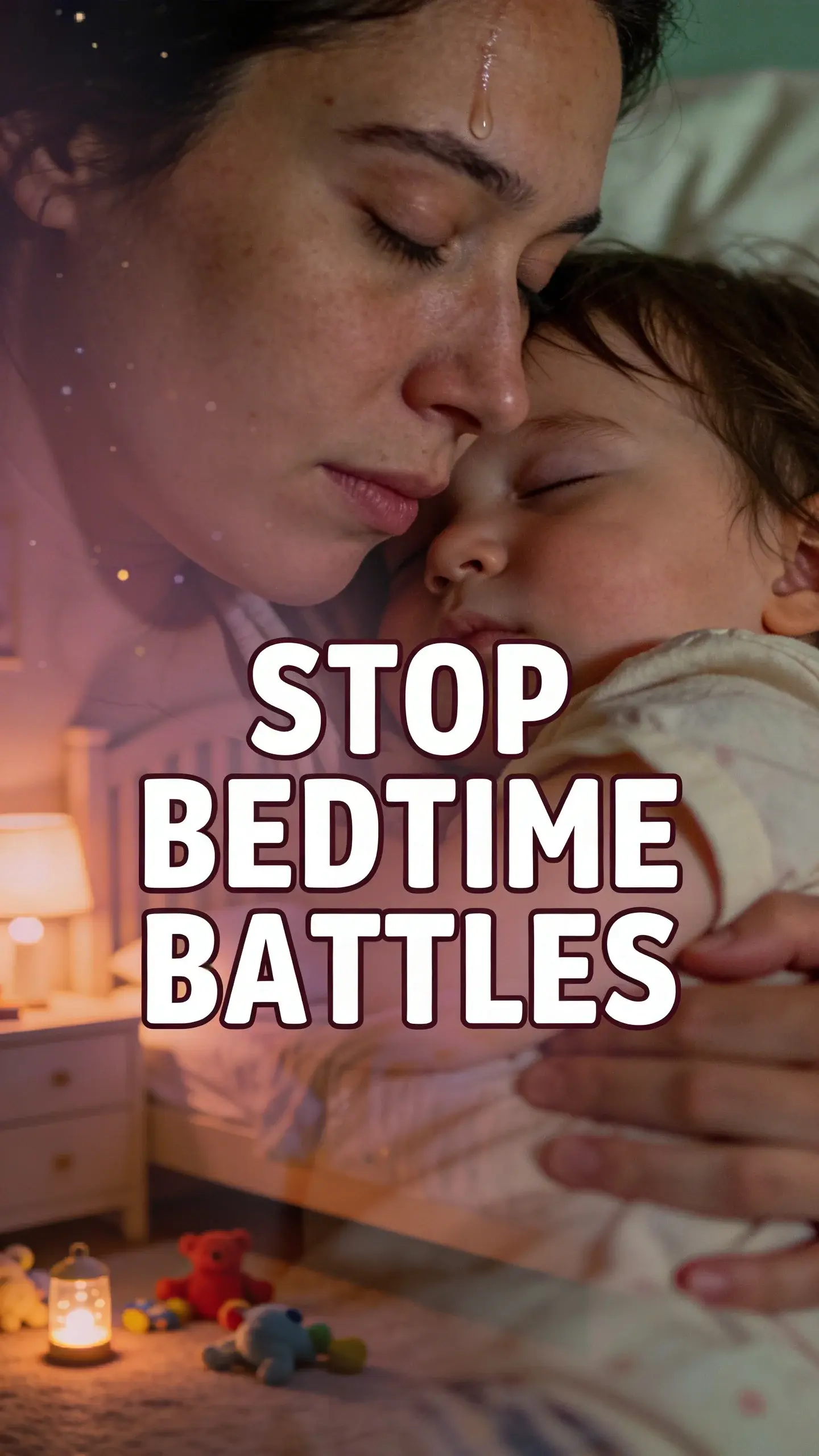 DOUBLE EXPOSURE EMOTIONAL: double exposure emotional, BASE: vertical 9:16, ultra-tall composition optimized for mobile Pinterest feed, SCENE: A double exposure image combining two scenes. The primary image is the close profile of a tired mother, eyes gently closed, holding her sleeping toddler tightly in her arms. Her face shows a mix of exhaustion and profound love, a single tear trace at her temple. The overlay is a soft, dreamy blur of a child's bedroom at night, with a faint, warm glow from a nightlight and scattered soft toys on the floor, symbolizing the day's struggles fading into peaceful sleep. The mother's expression is one of deep relief after a long battle. , EMOTION HOOK: toddler bedtime meltdowns, TOPIC PHRASE: bedtime routine help, TEXT POSITION: CENTER, OVERLAY: text says exactly: "STOP BEDTIME BATTLES", bold sans-serif font, high contrast white text with dark outline or shadow so it is readable on mobile, overlay text should be a punchy version of the TOPIC PHRASE or EMOTION HOOK, LIGHT: Warm bedside lamp at night, MOOD: exhausted but hopeful, tender, relieved, peaceful, dreamy, COLOR: muted warm palette (dusty rose, cream, terracotta, soft sage, warm beige), gentle film grain, no logos, no watermarks, QUALITY: photorealistic, 8K, shallow depth of field, film aesthetic, cinematic color grade, no logos, no watermarks