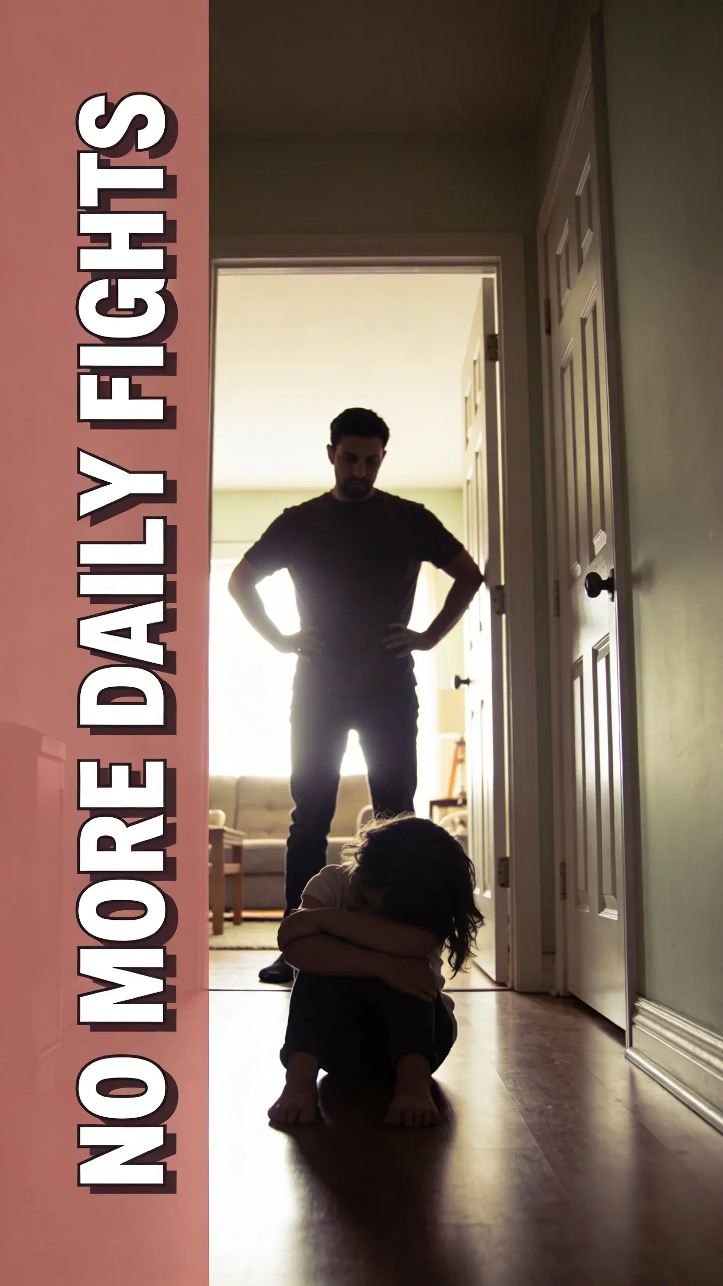 SILHOUETTE BACKLIGHT: silhouette backlight, BASE: vertical 9:16, ultra-tall composition optimized for mobile Pinterest feed, SCENE: A parent and a preschooler are silhouetted against a bright, sunlit doorway leading into a living room. The child is slumped dramatically on the floor, arms crossed, head turned away, clearly resisting or having a tantrum. The parent is standing over them, hands on hips, body language conveying a mix of frustration and weary patience, a common daily impasse. The strong backlight from the doorway emphasizes the tension and power struggle of the moment, capturing a raw, unposed family dynamic. , EMOTION HOOK: daily power struggles, TOPIC PHRASE: toddler discipline tips, TEXT POSITION: LEFT SIDE, OVERLAY: text says exactly: "NO MORE DAILY FIGHTS", bold sans-serif font, high contrast white text with dark outline or shadow so it is readable on mobile, overlay text should be a punchy version of the TOPIC PHRASE or EMOTION HOOK, LIGHT: Strong backlight from sunlit doorway, MOOD: frustrated, weary, tense, determined, challenging, COLOR: muted warm palette (dusty rose, cream, terracotta, soft sage, warm beige), gentle film grain, no logos, no watermarks, QUALITY: photorealistic, 8K, shallow depth of field, film aesthetic, cinematic color grade, no logos, no watermarks
