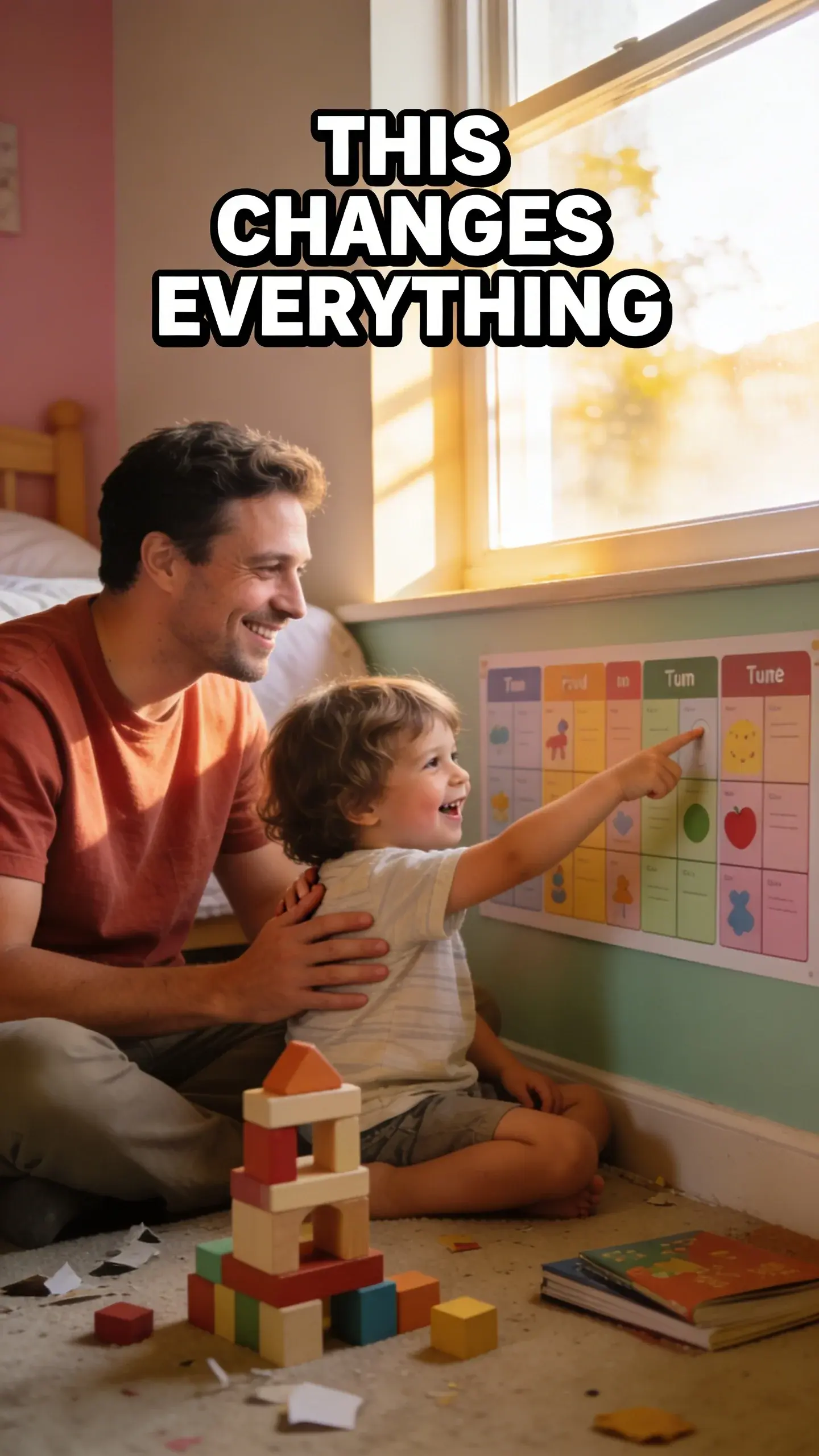 LIFESTYLE AUTHENTIC: lifestyle authentic, BASE: vertical 9:16, ultra-tall composition optimized for mobile Pinterest feed, SCENE: A candid, documentary-style moment inside a child's bedroom, showing signs of real life with a slightly messy floor (a half-built block tower, a few books). A father and his preschooler are sitting on the floor. The child is excitedly pointing at a colorful visual routine chart stuck to a low wall, a proud, joyful smile on their face as they understand the tasks. The father is looking at the child with a warm, encouraging smile, a hand gently on the child's back, fostering a sense of cooperation and independence. The interaction is genuine, joyful, and unposed. , EMOTION HOOK: foster toddler independence, TOPIC PHRASE: visual schedule for kids, TEXT POSITION: TOP, OVERLAY: text says exactly: "THIS CHANGES EVERYTHING", bold sans-serif font, high contrast white text with dark outline or shadow so it is readable on mobile, overlay text should be a punchy version of the TOPIC PHRASE or EMOTION HOOK, LIGHT: Golden hour sunlight streaming through a window, MOOD: joyful, proud, cooperative, peaceful, empowering, connected, COLOR: muted warm palette (dusty rose, cream, terracotta, soft sage, warm beige), gentle film grain, no logos, no watermarks, QUALITY: photorealistic, 8K, shallow depth of field, film aesthetic, cinematic color grade, no logos, no watermarks