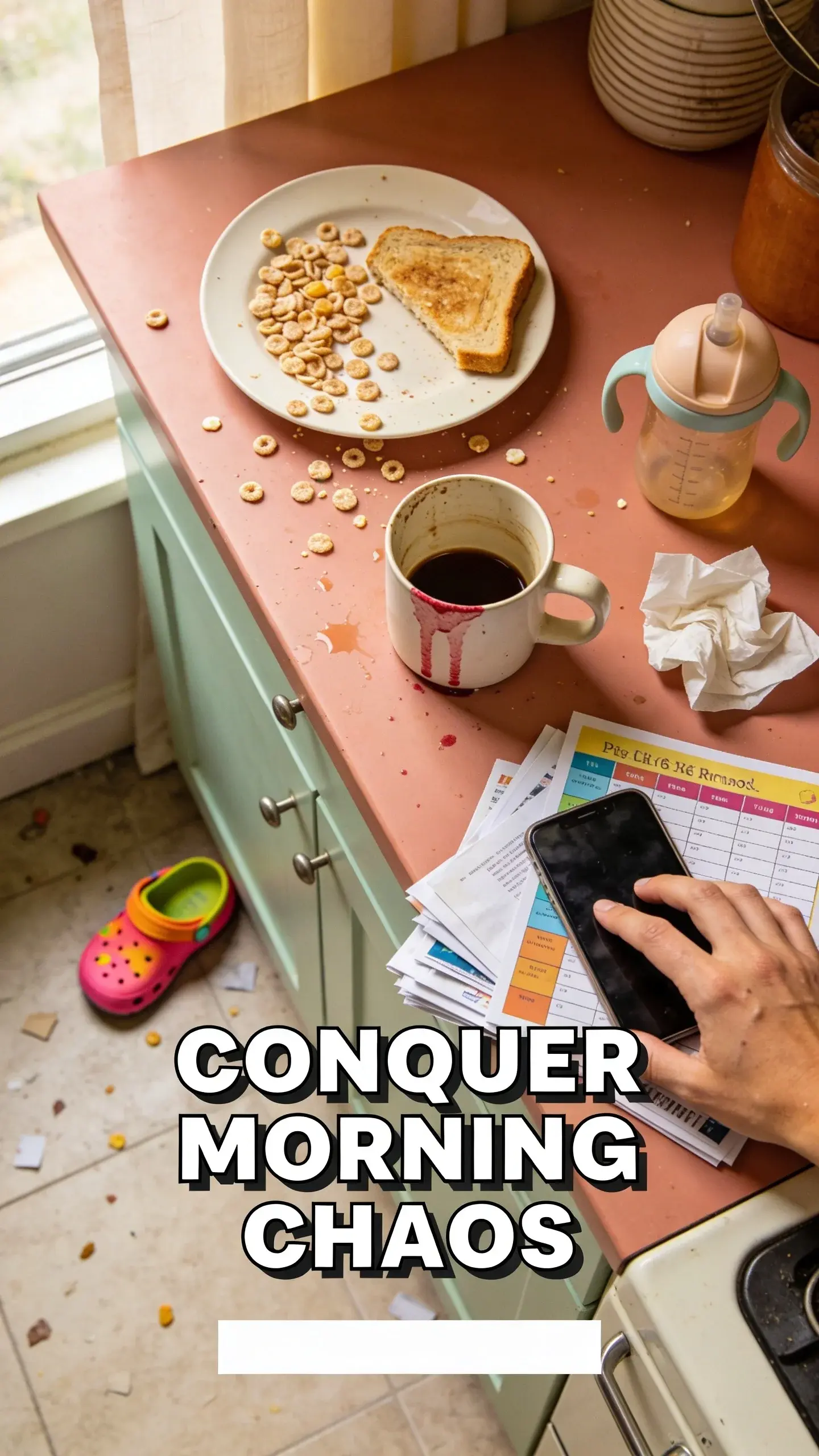 FLAT LAY OVERHEAD: flat lay overhead, BASE: vertical 9:16, ultra-tall composition optimized for mobile Pinterest feed, SCENE: A messy kitchen island from a top-down perspective, capturing the aftermath of a chaotic morning. Spilled cereal, a half-eaten piece of toast, a half-empty coffee mug with lipstick stain, a forgotten sippy cup, a crumpled paper napkin, and a child's small, brightly colored shoe kicked off near the counter. A parent's hand, looking utterly drained, is reaching for a phone, hinting at the struggle. A small, colorful printable routine chart is peeking out from under a pile of mail, subtly suggesting a solution amidst the disarray. The overall scene is raw and authentic, not staged, reflecting real home life. , EMOTION HOOK: overwhelmed by morning chaos, TOPIC PHRASE: calm morning routine, TEXT POSITION: BOTTOM, OVERLAY: text says exactly: "CONQUER MORNING CHAOS", bold sans-serif font, high contrast white text with dark outline or shadow so it is readable on mobile, overlay text should be a punchy version of the TOPIC PHRASE or EMOTION HOOK, LIGHT: Soft morning window light, MOOD: overwhelmed, chaotic, desperate, hopeful, messy, COLOR: muted warm palette (dusty rose, cream, terracotta, soft sage, warm beige), gentle film grain, no logos, no watermarks, QUALITY: photorealistic, 8K, shallow depth of field, film aesthetic, cinematic color grade, no logos, no watermarks