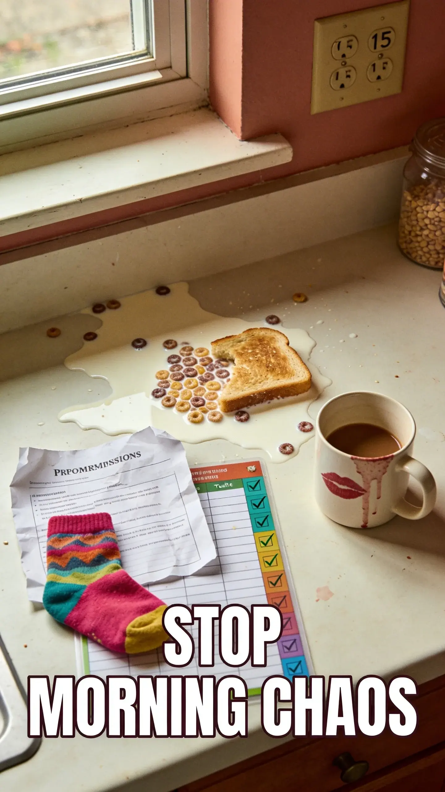 **FLAT LAY OVERHEAD**: flat lay overhead, **BASE**: vertical 9:16, ultra-tall composition optimized for mobile Pinterest feed, **SCENE**: A top-down view of a chaotic kitchen counter at 7:15 AM. Spilled cereal milk forms a small puddle next to a half-eaten piece of toast. A crumpled school permission slip is half-covered by a child's brightly colored sock. A parent's coffee mug with a prominent lipstick stain sits precariously. In the midst of the disarray, a colorful, laminated printable routine chart with a few checkmarks is visible, but surrounded by the mess, telling a story of the ongoing struggle despite efforts to organize. The scene is bathed in soft, early morning light filtering through a window. **EMOTION HOOK**: Morning rush overwhelm, **TOPIC PHRASE**: Calm morning routine, **TEXT POSITION**: BOTTOM, **OVERLAY**: text says exactly: "STOP MORNING CHAOS", bold sans-serif font, high contrast white text with dark outline or shadow so it is readable on mobile, **LIGHT**: soft morning window light, **MOOD**: overwhelmed, frantic, hopeful, chaotic, **COLOR**: muted warm palette (dusty rose, cream, terracotta, soft sage, warm beige), gentle film grain, no logos, no watermarks.