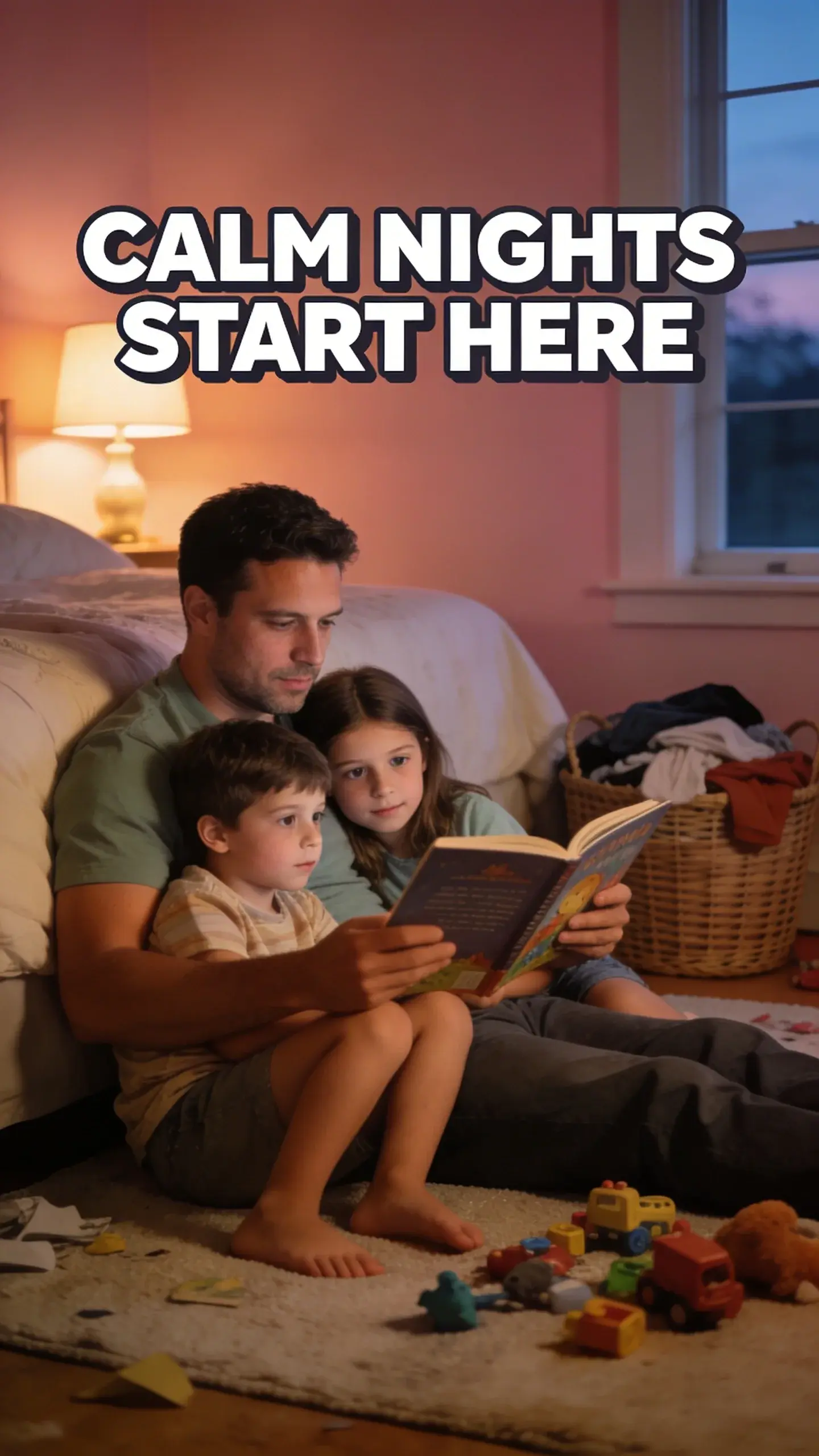 **LIFESTYLE AUTHENTIC**: lifestyle authentic, vertical 9:16, ultra-tall composition optimized for mobile Pinterest feed, **SCENE**: A candid, documentary-style moment inside a real, slightly messy bedroom. A parent, mid-30s (could be a single dad), is sitting comfortably on the floor, leaning against the side of the bed, engrossed in reading a storybook. Two children, around ages 4 and 7, are snuggled close beside him, looking to the book with wide, engaged eyes, completely absorbed in the story. There are a few well-loved toys scattered on the rug and a slightly overflowing laundry basket in the background, adding to the authentic home feel. The parent's face shows calm connection, love, and genuine enjoyment, free from stress. **EMOTION HOOK**: positive discipline for sleep, **TOPIC PHRASE**: gentle bedtime routine, **TEXT POSITION**: TOP, **OVERLAY**: text says exactly: "CALM NIGHTS START HERE", bold sans-serif font, high contrast white text with dark outline or shadow so it is readable on mobile, **LIGHT**: warm, soft glow from a bedside lamp and a faint, muted evening light from a window, creating a cozy atmosphere, **MOOD**: connected, loving, joyful, peaceful, engaged, **COLOR**: muted warm palette (dusty rose, cream, terracotta, soft sage, warm beige), gentle film grain, no logos, no watermarks, photorealistic, 8K, shallow depth of field, film aesthetic, cinematic color grade