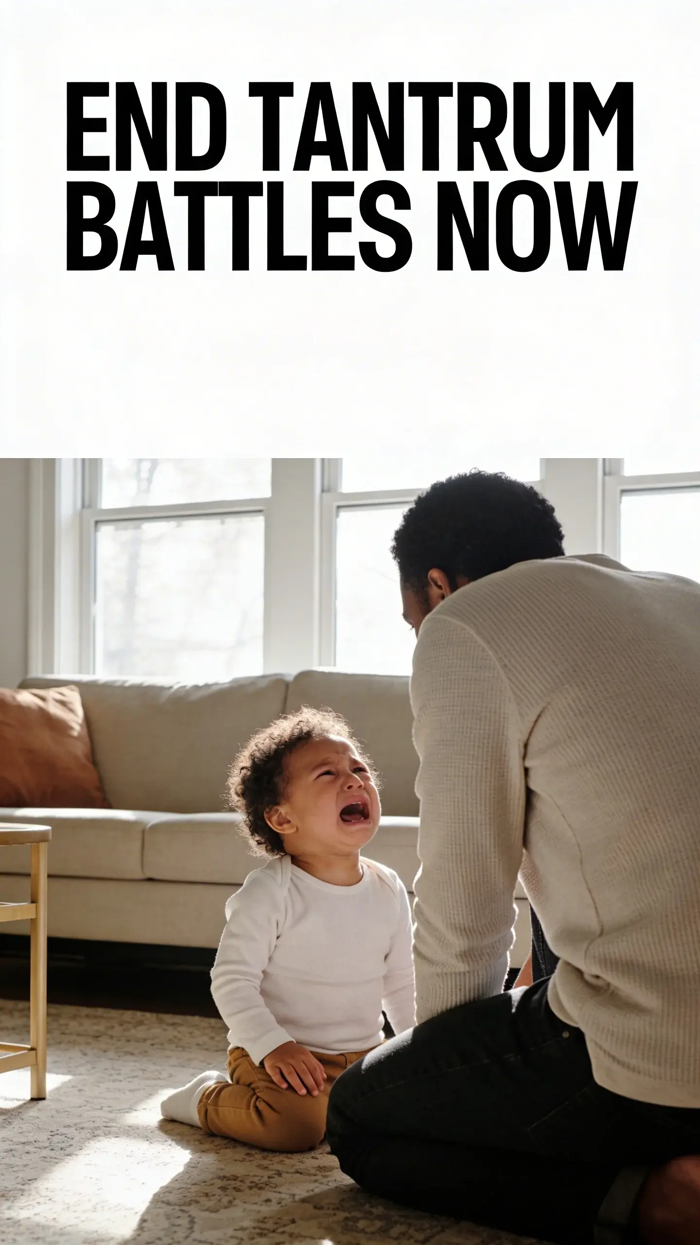 **PIN 3 LIFESTYLE TEXT PIN**
    A vertical Pinterest pin featuring authentic lifestyle photography.
    **HEADLINE TEXT:** END TANTRUM BATTLES NOW
    **IMAGE STRUCTURE:** Top bold headline text, occupying the upper 40-70% of the image. The bottom half features a real parenting scene.
    **SCENE:** The bottom half shows a parent (from behind, or partially visible) kneeling down to eye level with a toddler who is looking upset, possibly in a living room. The focus is on the interaction and the child's distress.
    **LIGHT:** Natural window light, creating an authentic, everyday parenting mood.
    **MOOD:** Authentic everyday parenting life, showing a moment of challenge and potential connection. The layout is text top, photo bottom.
    **QUALITY:** Photorealistic, high contrast, clean composition, mobile readable text.