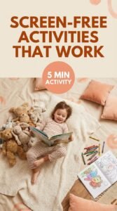 Child reading a storybook surrounded by stuffed animals