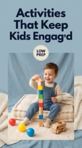 Child playing with building blocks on a cushion