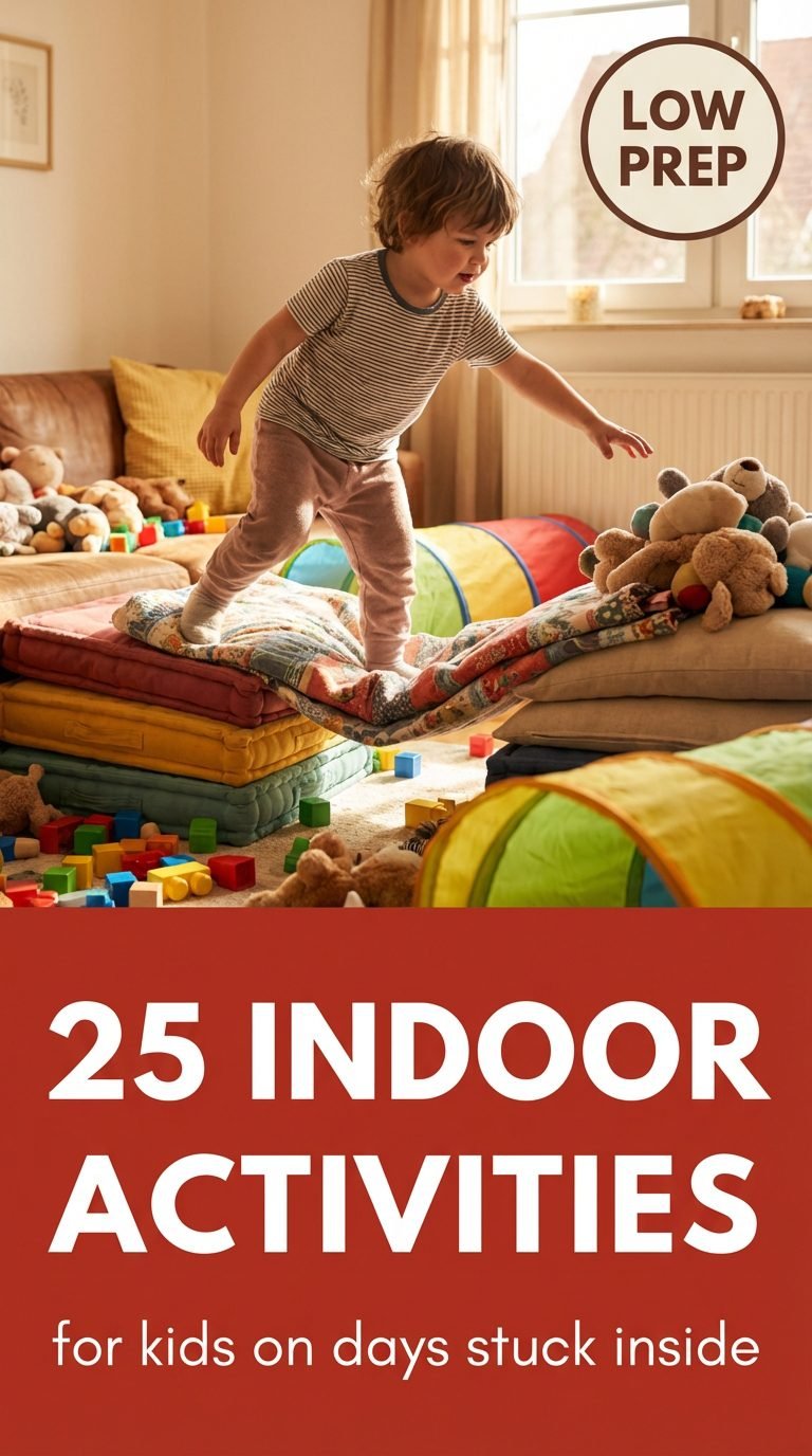 Child navigating an indoor obstacle course made of pillows.