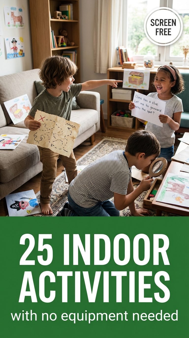 Kids engaged in a treasure hunt around the living room.