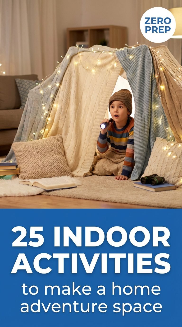Child peeking out from a cozy blanket fort.