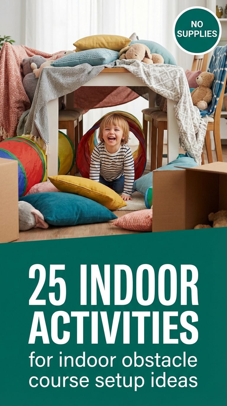 Child crawling under a table in an indoor obstacle course.