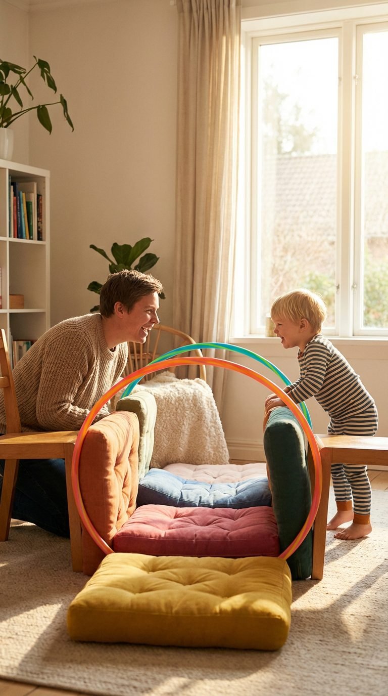 Parent and child building an indoor obstacle course in warm light.