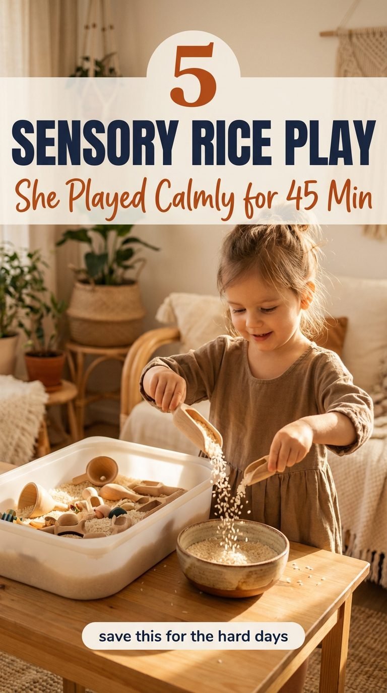 Child happy during sensory rice play — indoor cooking activities kids beginner.