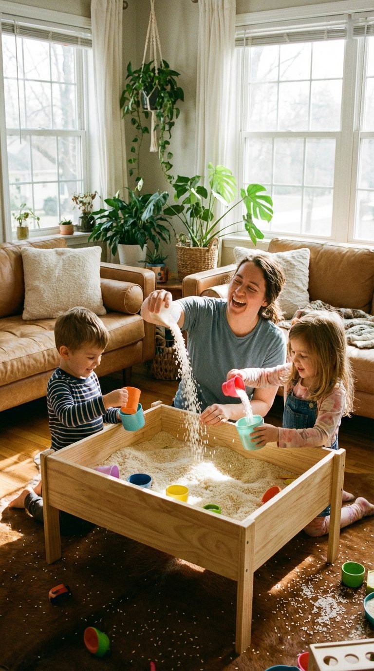 Parent and children playing with rice in a sensory bin — indoor activities multiple kids different ages.