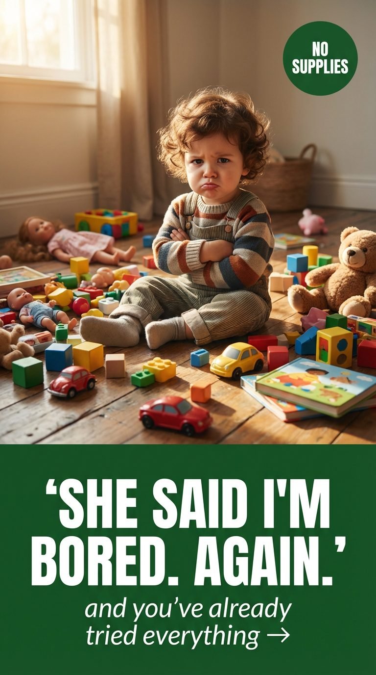 Frustrated toddler surrounded by toys — indoor imaginative play kids ages 3-8.
