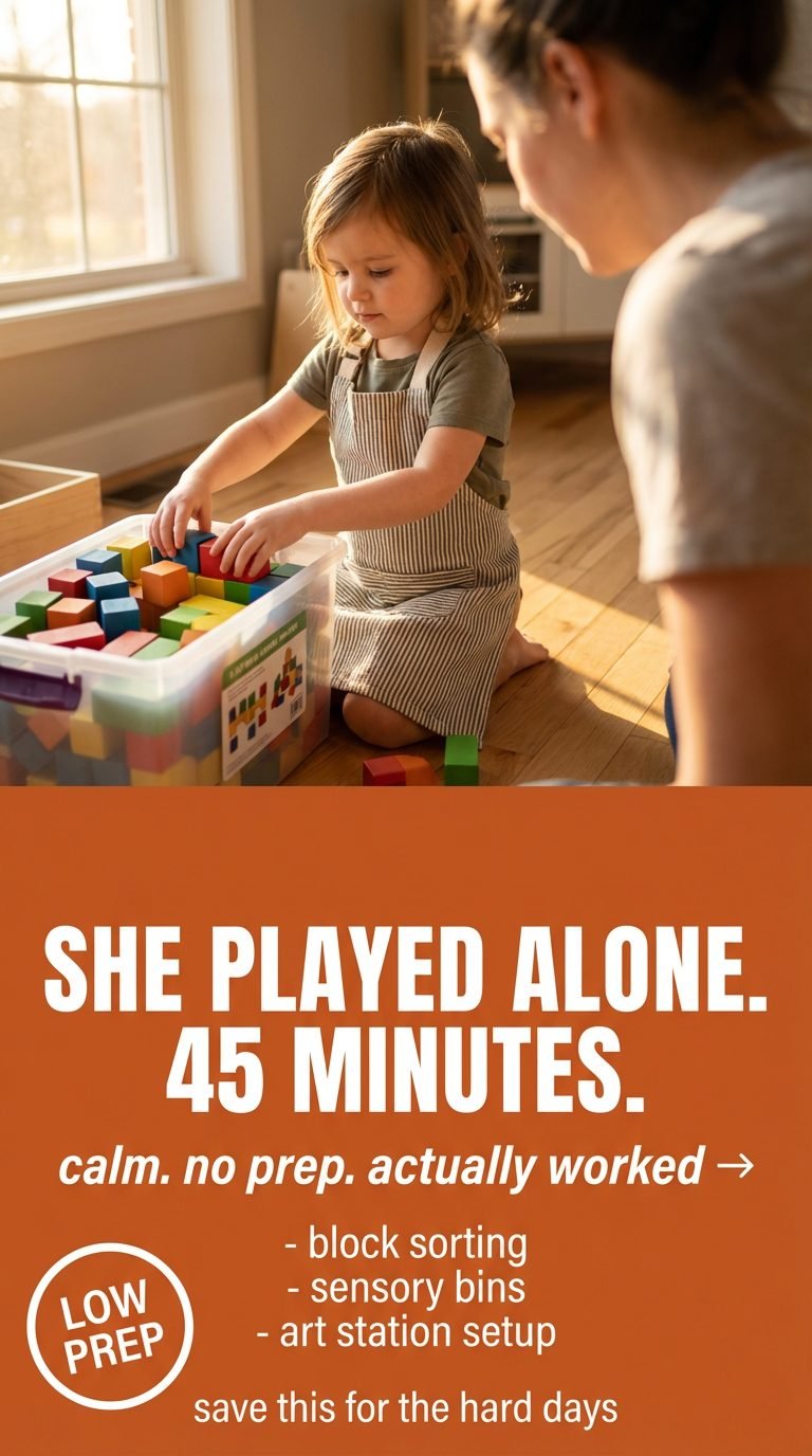 Child engaged in indoor activity bin rotation kids — block sorting.