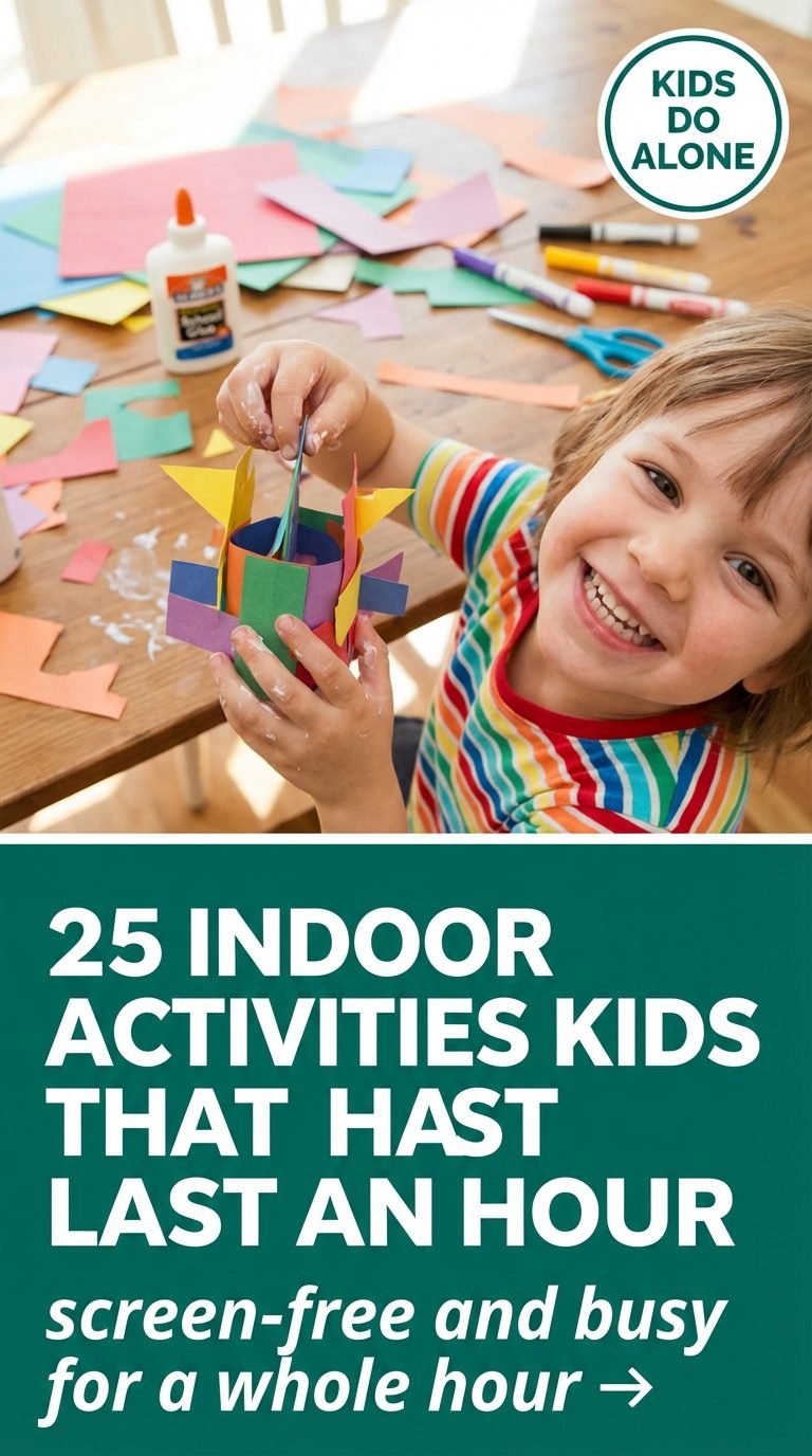 Child proudly showing completed craft — indoor activities kids that last an hour.