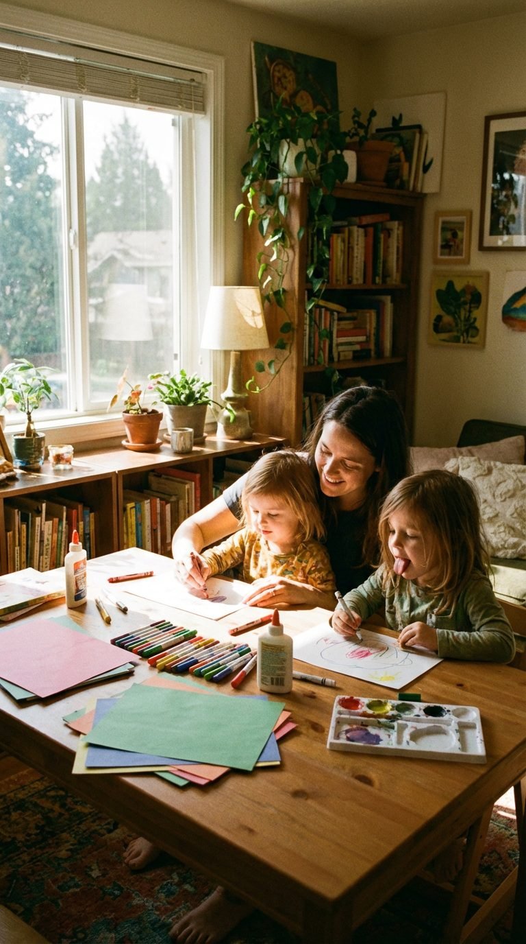 Parent helping toddlers with creative indoor activities.