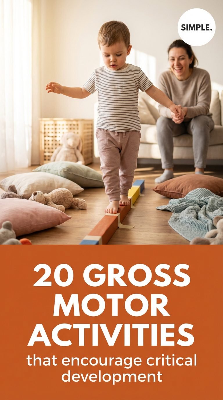 Child walking on a DIY balance beam made of tape.