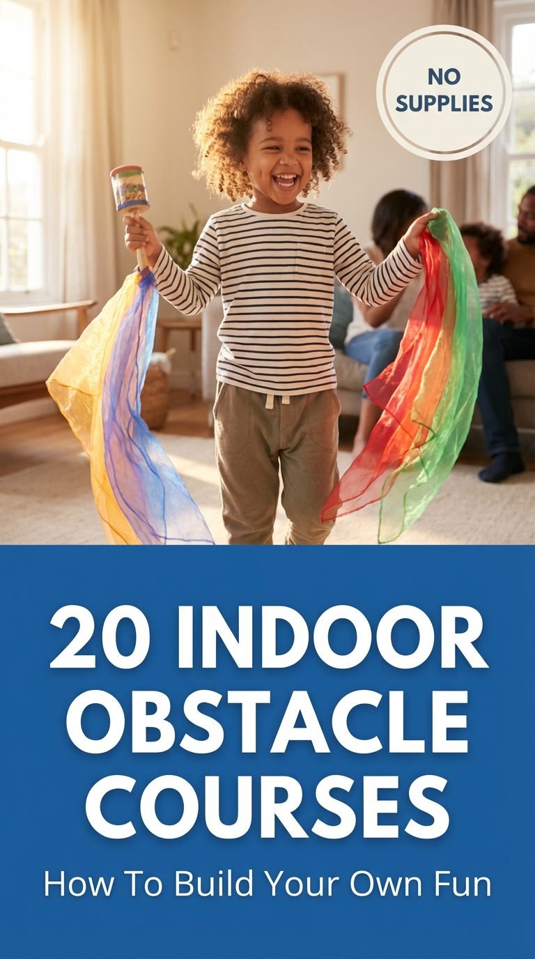 Child dancing with scarves during an indoor obstacle course.