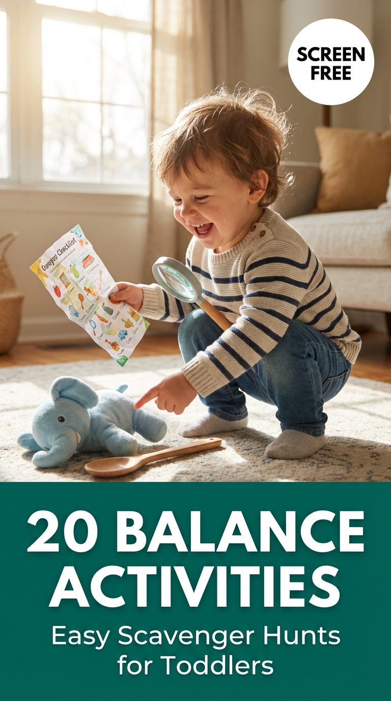 Toddler doing an indoor scavenger hunt with a checklist.