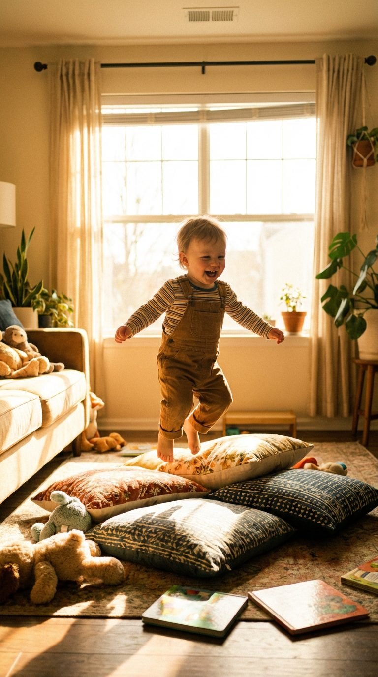 Toddler jumping over cushions in a cozy living room.